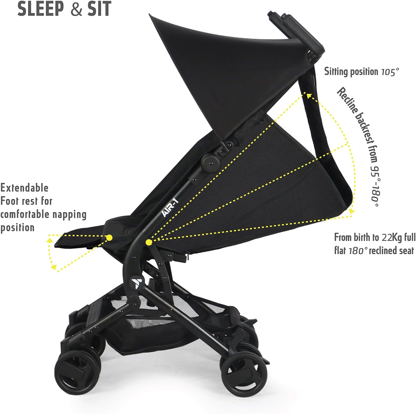 Teknum AIR-1 Travel Stroller, 0-3Years up to 22kg, Ultra Compact folding, Lightweight, Carry Bag, 5 point safety harness, Canopy, Wide Seat, Wheels, Multi Position Recline, Extendable Foot Rest, Black - الصورة 3