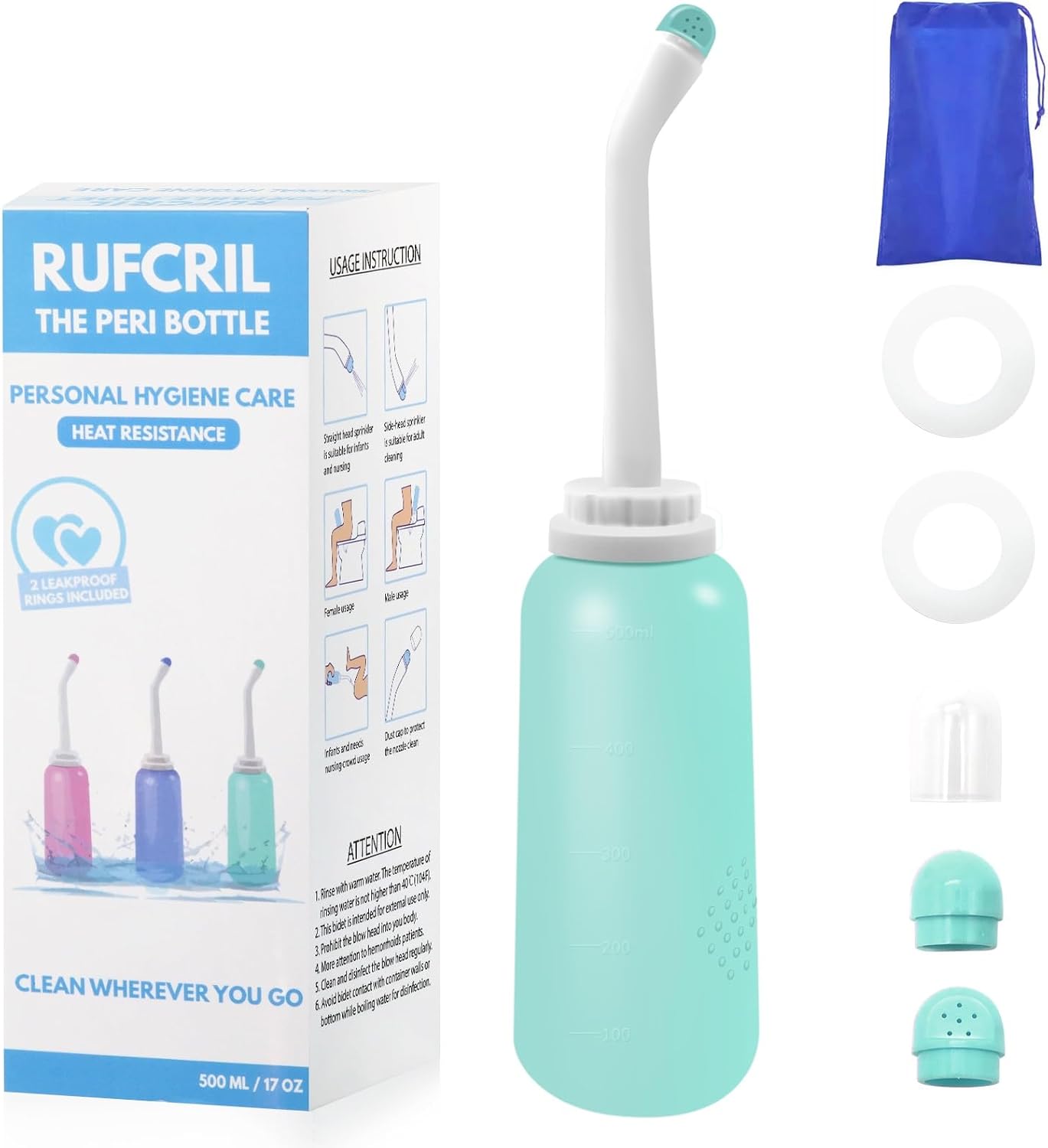 Peri Bottle Postpartum, RUFCRIL 500ml Perineal Wash Bottle, Portable Bidet Sprayer with Travel Bag, Boilable TPE, Leak-Proof, for Postpartum Care, Hemorrhoid Relief & Personal Hygiene