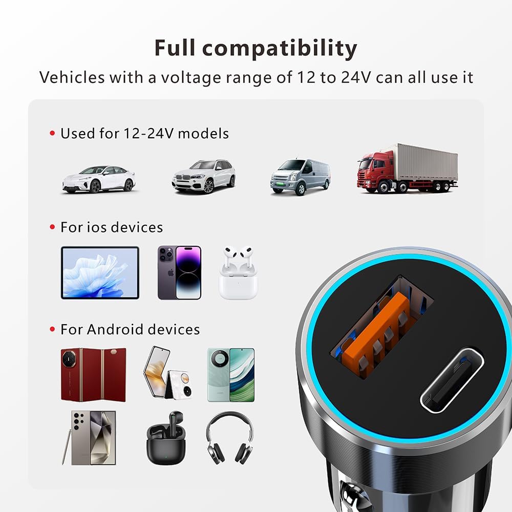 XZM C29 USB-C Car Charger 60W Fast Charging USB + Type-C Car Adapter, a compact car phone charger for iPhone, a must-have for road trips, 5V-12V compatible (USB + Type-C) - الصورة 5
