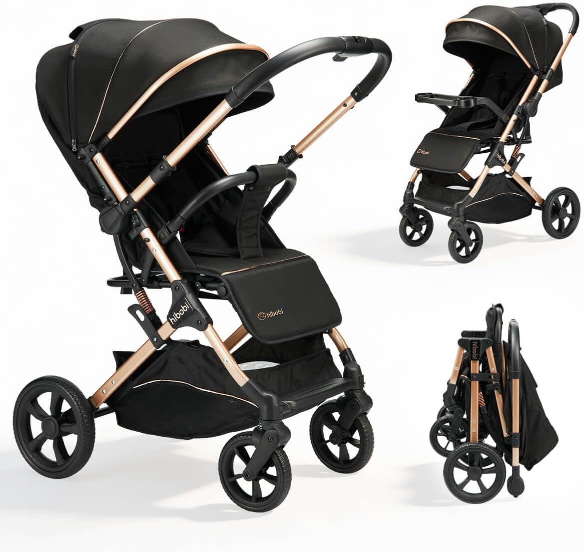 Hibobi Cirro Premium Reversible Baby Stroller - Compact Foldable Stroller, One-Hand Easy Fold with Detachable Snack Tray & All-Wheel Suspension for Toddlers, Black & Gold