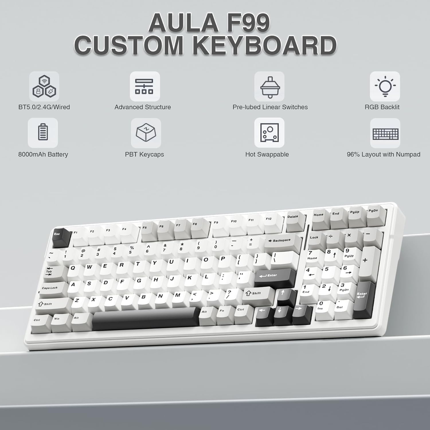 AULA F99 Wireless Mechanical Keyboard, Custom Computer Keyboard, Tri-Mode Bluetooth 5.0/2.4GHz/USB-C Cute Creamy Gaming Keyboards with Number Pad, RGB Backlit Media Knob Programmable Keybaord for PC - الصورة 2