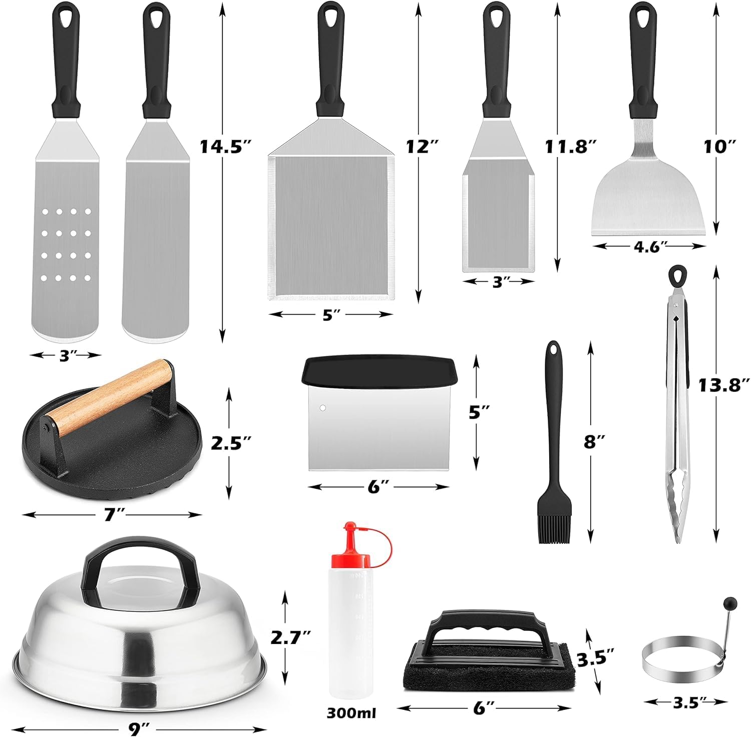 E-far Griddle Accessories Kit of 27, Teppanyaki Tools for Flat Top Cooking Grilling Camping, Stainless Steel Melting Dome, Metal spatulas, Bacon Press for Outdoor BBQ, Heavy Duty & Dishwasher Safe - الصورة 2