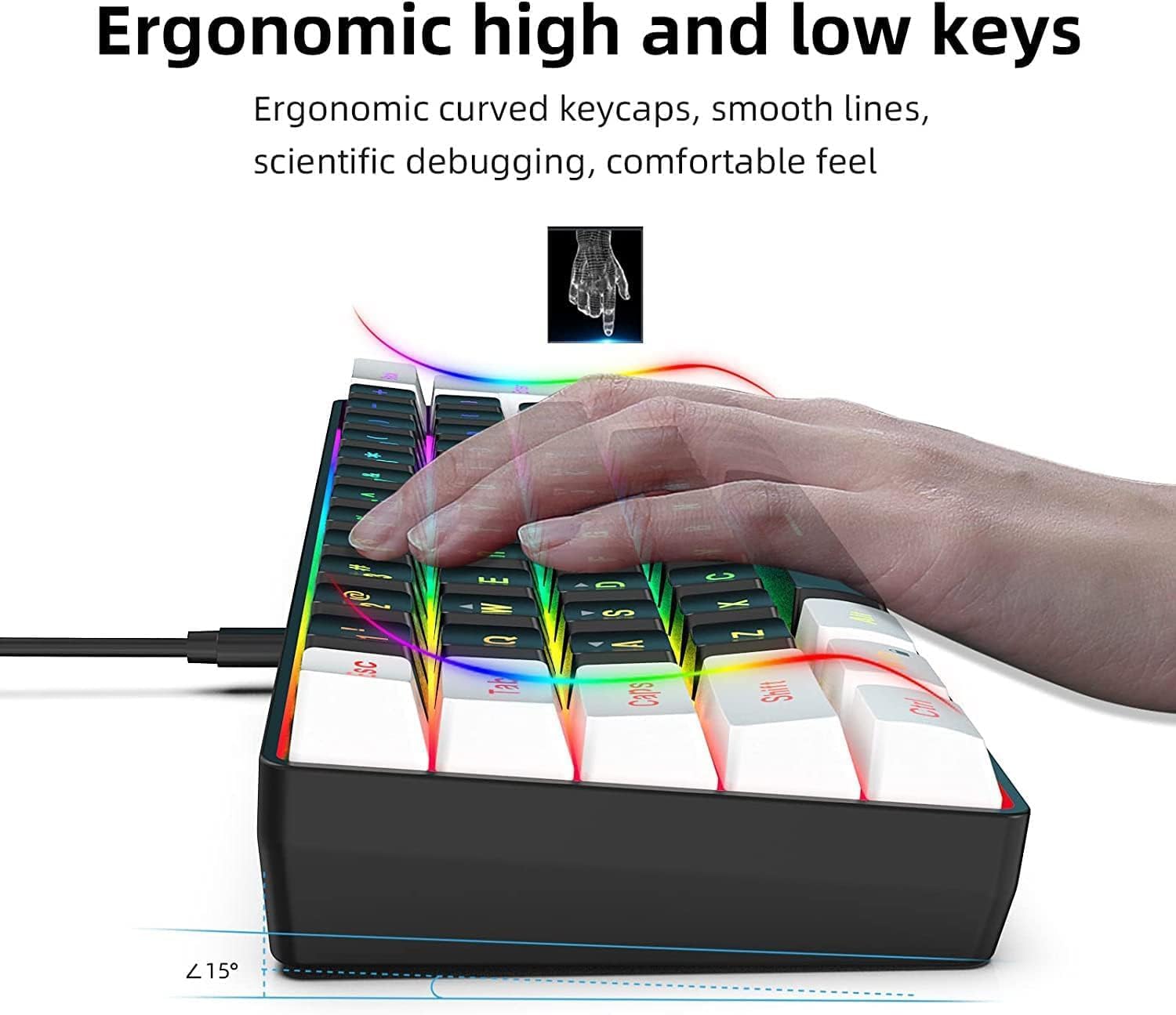 ROCK POW 60% Wired Gaming Keyboard, Small RGB Backlit Membrane Gaming Keyboard, Ultra-Compact Mini Waterproof for PC Computer Gamer White and Black - الصورة 5