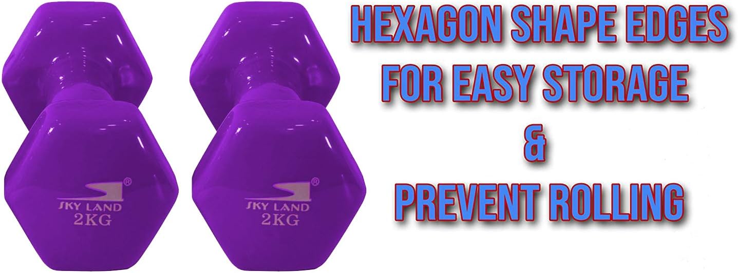 SKY LAND Classical Dumbbells Hand Weights Set of 2 - Vinyl Coated Exercise & Fitness Dumbbell for Home Gym Equipment Workouts Strength Training, 2Kg X 2 Purple, EM-9219-2 - الصورة 6