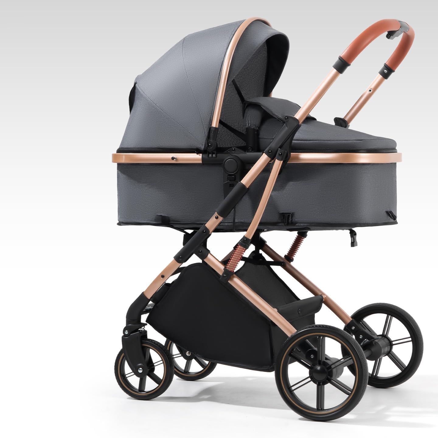 3 in 1 Stroller with Detachable Car Seat & Maternity Bed for Newborns, Foldable, Reversible Seat, Large Wheels with Shock Absorption System, Suitable from Birth to 4 Years (Gray) - الصورة 3