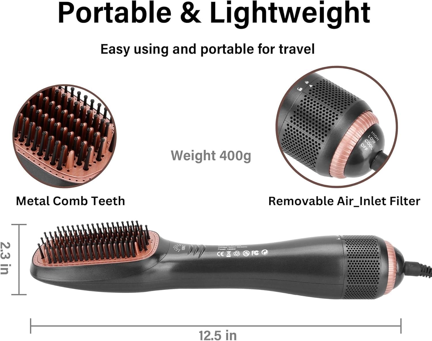 Professional Hair Dryer Brush 1200w Hot Ceramic Blow Hair Dryer Straightener Brush & Styler Rotary Volumizer, 3 Heat, 2 Speed Settings One-Step Hair Dry And Styler For All Hair Types - الصورة 4