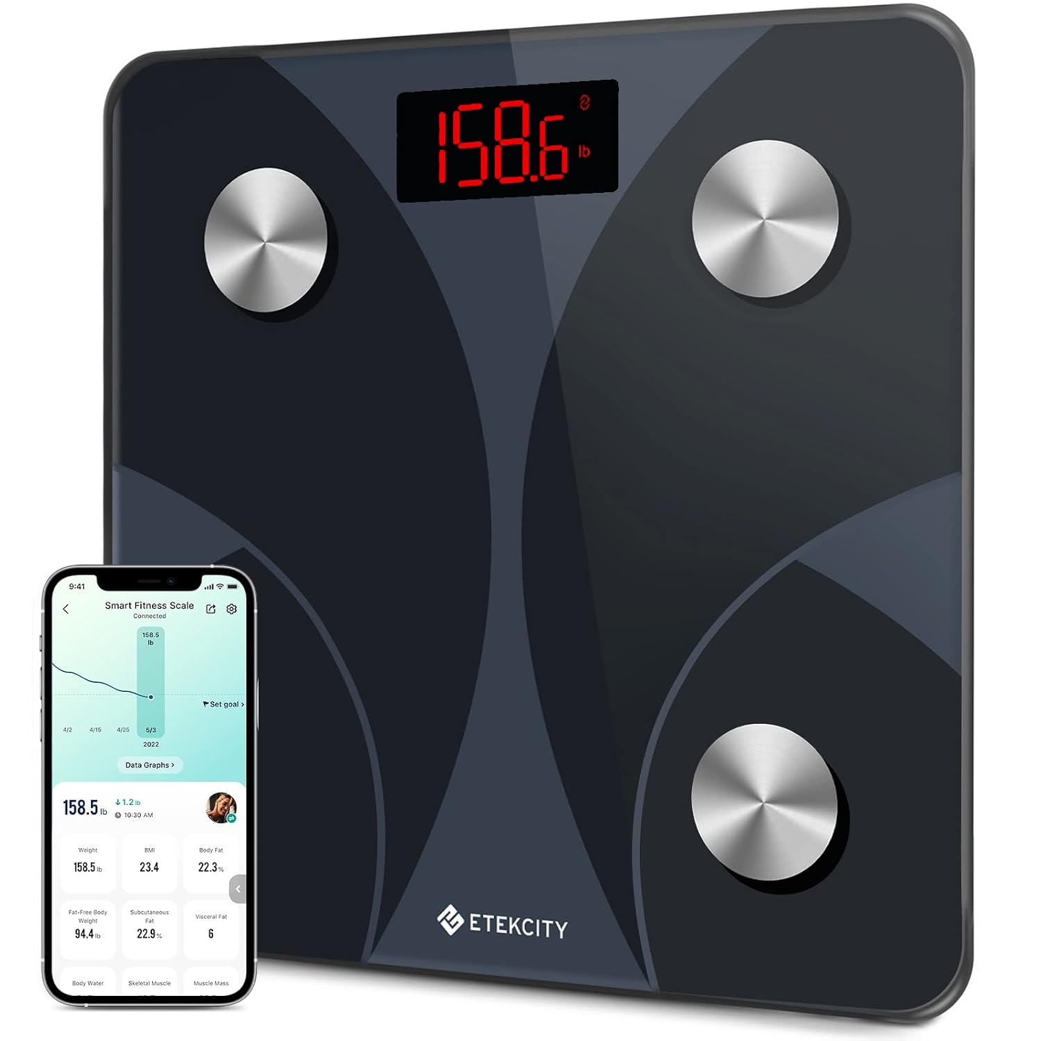 Etekcity Scale for Body Weight, Smart Digital Bathroom Weighing Machine with Body Fat for People, Accurate Bluetooth BMI Measurement, Body Composition Analyzer, 400lb