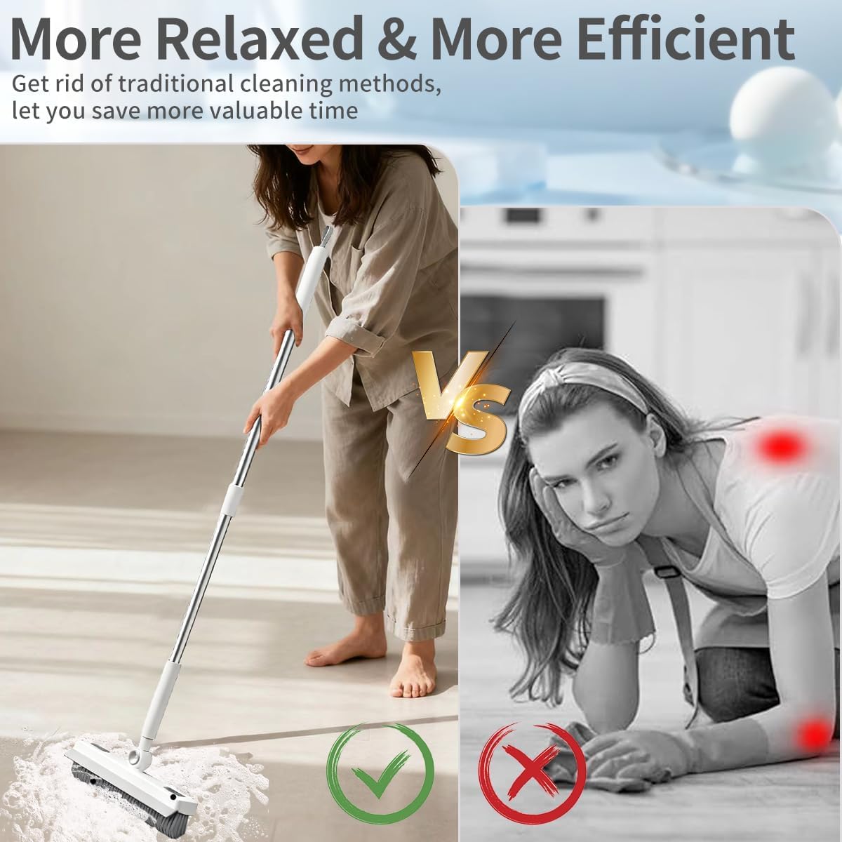 Floor Scrub Brush, 2 in 1 Cleaning Brush with Long Handle,Floor Scrubber Suit for Kitchen, Bedroom, Patio, Shower, Garage & Deck - Heavy Duty Tile, Concrete & Wood Surface Scrubber (white) - الصورة 4