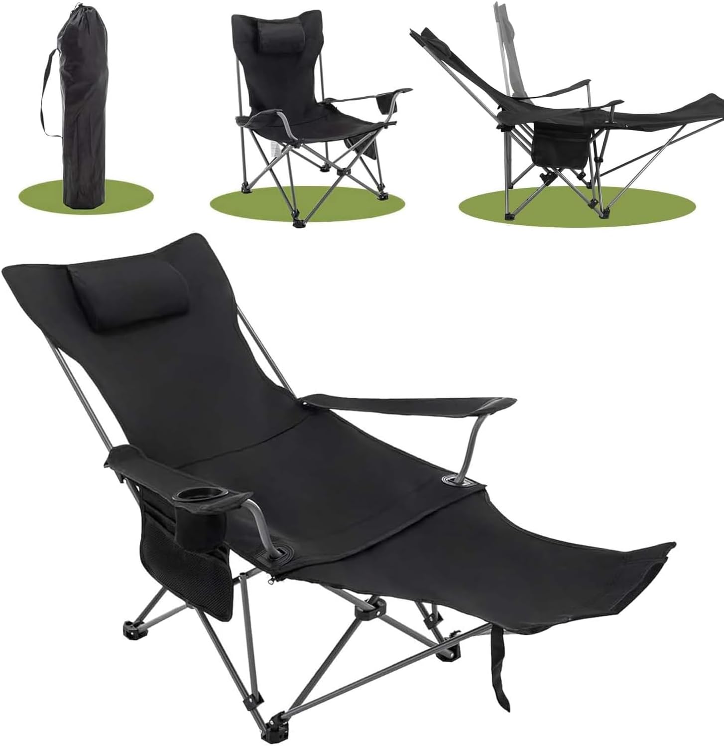 Folding Camping Chair, 2in1 Camping Lounge Chair, Portable Camping Outdoor Chair, Sunbathing Iounge Chair with Footstool, Cup Holder, Headrest, Armrests and Storage Bag, Suitable for Camping,Garden