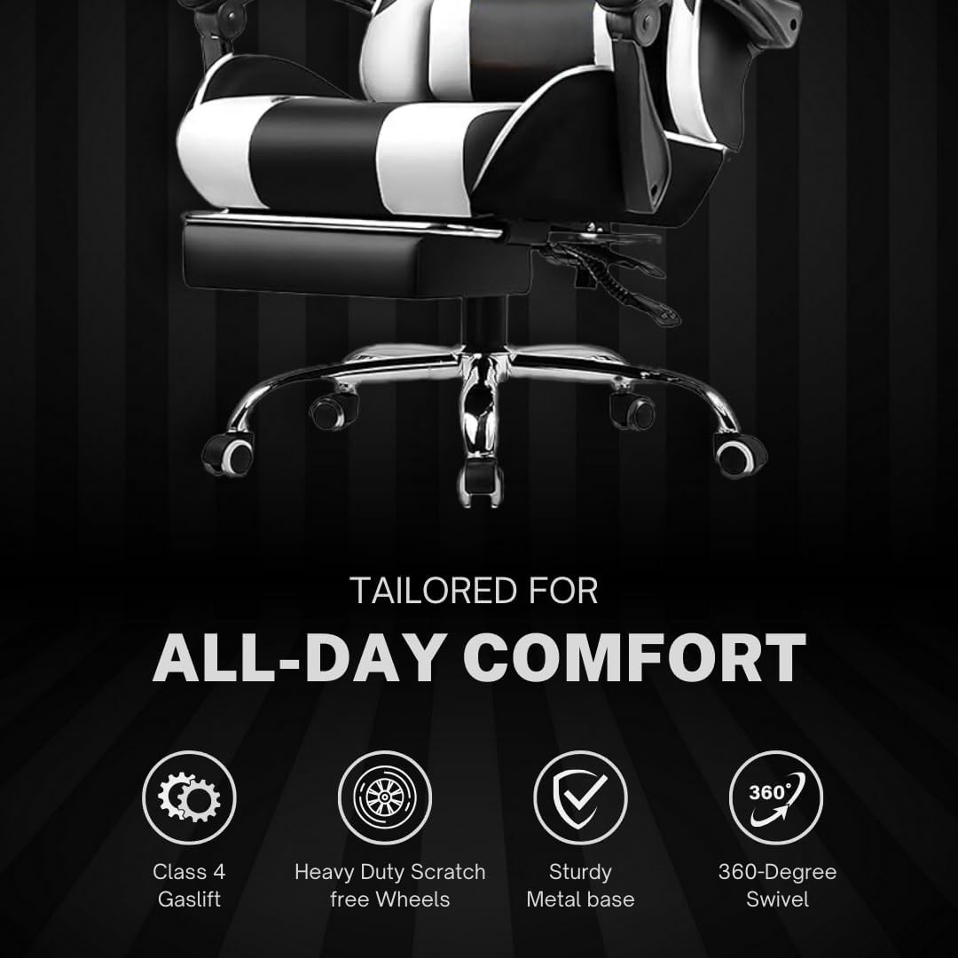 GTPLAYER Gaming Chair for Adults – Ergonomic Office Chair with USB Massage Lumbar, Footrest & Headrest | PU Leather Computer Desk Chair for Video Gaming & Work | 360° Swivel, Height Adjustable (White) - الصورة 7