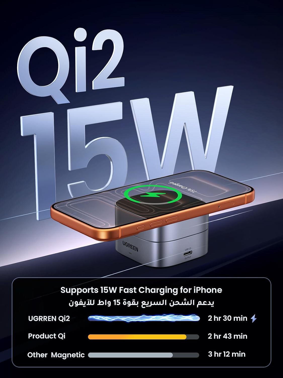 UGREEN Foldable 2-in-1 MagFlow Qi2 Wireless Charging Station 15W for Apple Magsafe Charger iPhone, Fast Magnetic Wireless Charger Stand for iPhone 16 15 Series, AirPods, iWatch - With 1M USB C Cable - الصورة 3
