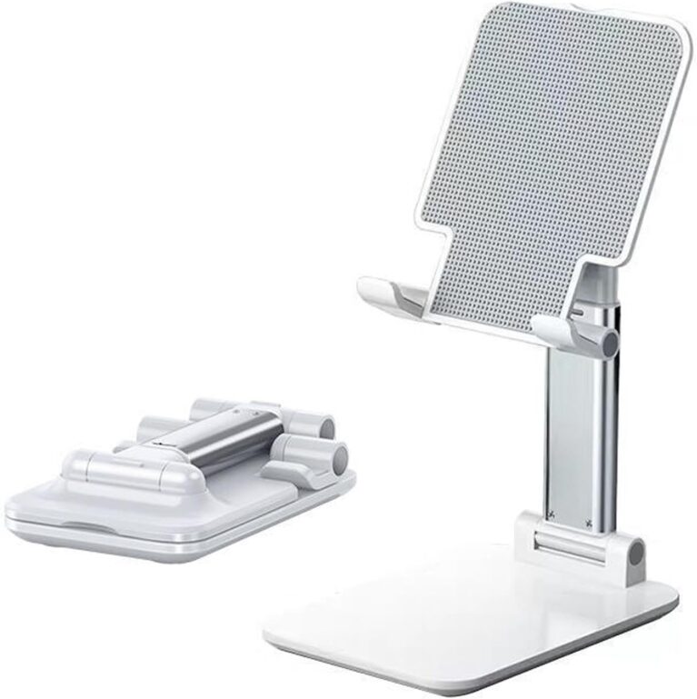 ToolHouse Foldable Cell Phone Stand – Adjustable Height & Angle, Anti-Slip Silicone Pad, Portable Phone Holder Compatible with All Mobile Phones (White)