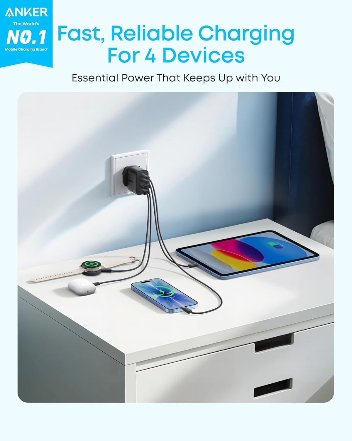Anker Zolo USB C Charger Block, 4-Port Wall Adapter with 50W Max Output, 2 USB-C and 2 USB-A, Compact and Stable, For iPhone 17/16 Series, iPad, Galaxy, and More (Black, Cable Not Included) - الصورة 2