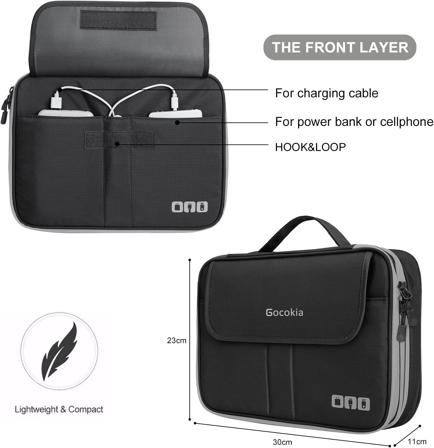 Double Layers Large Capacity Travel Electronic Accessories Organizer Bag, 2 Front Pockets Travel Gadget Carry Case, Perfect Size Fit for iPad,iPhone,Cables,Power Bank,Tablet(10.2’’)-Black - الصورة 4
