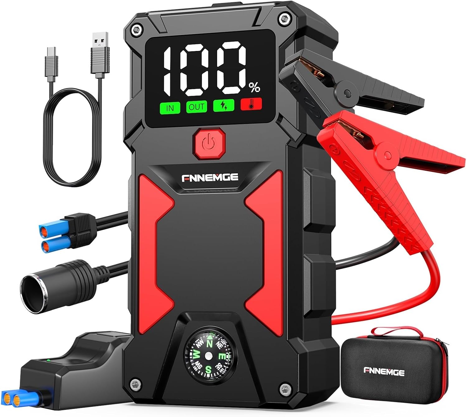 FNNEMGE Car Jump Starter, 6000A Peak 12V Jump Starter Battery Pack(Up to All Gas, 10.0L Diesel Engine),with USB Charge Output Port,LED Light,HD Large Screen,12V EC-5 Output.