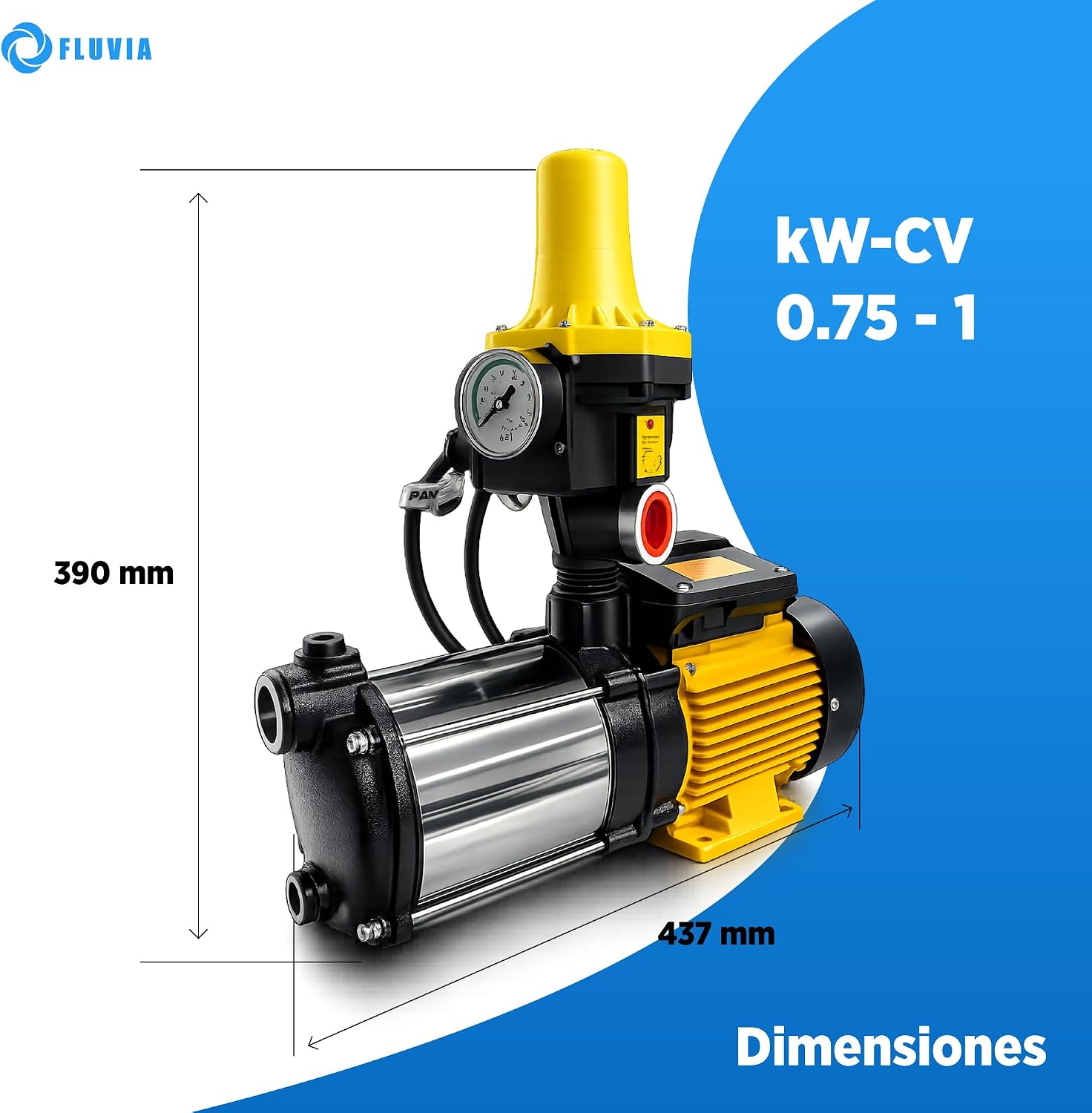 Water Pressure Group 0.75 kW - 1 HP Automatic with Controller – Domestic Pressurizing Water Pump for Home, Garden and Irrigation, Automatic Pressure System · Fluvia - الصورة 2