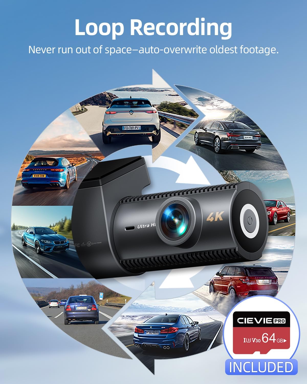 4K داش كام, Dash Cam for Cars with 64GB SD Card, 5Ghz WiFi, G-Sensor - الصورة 6