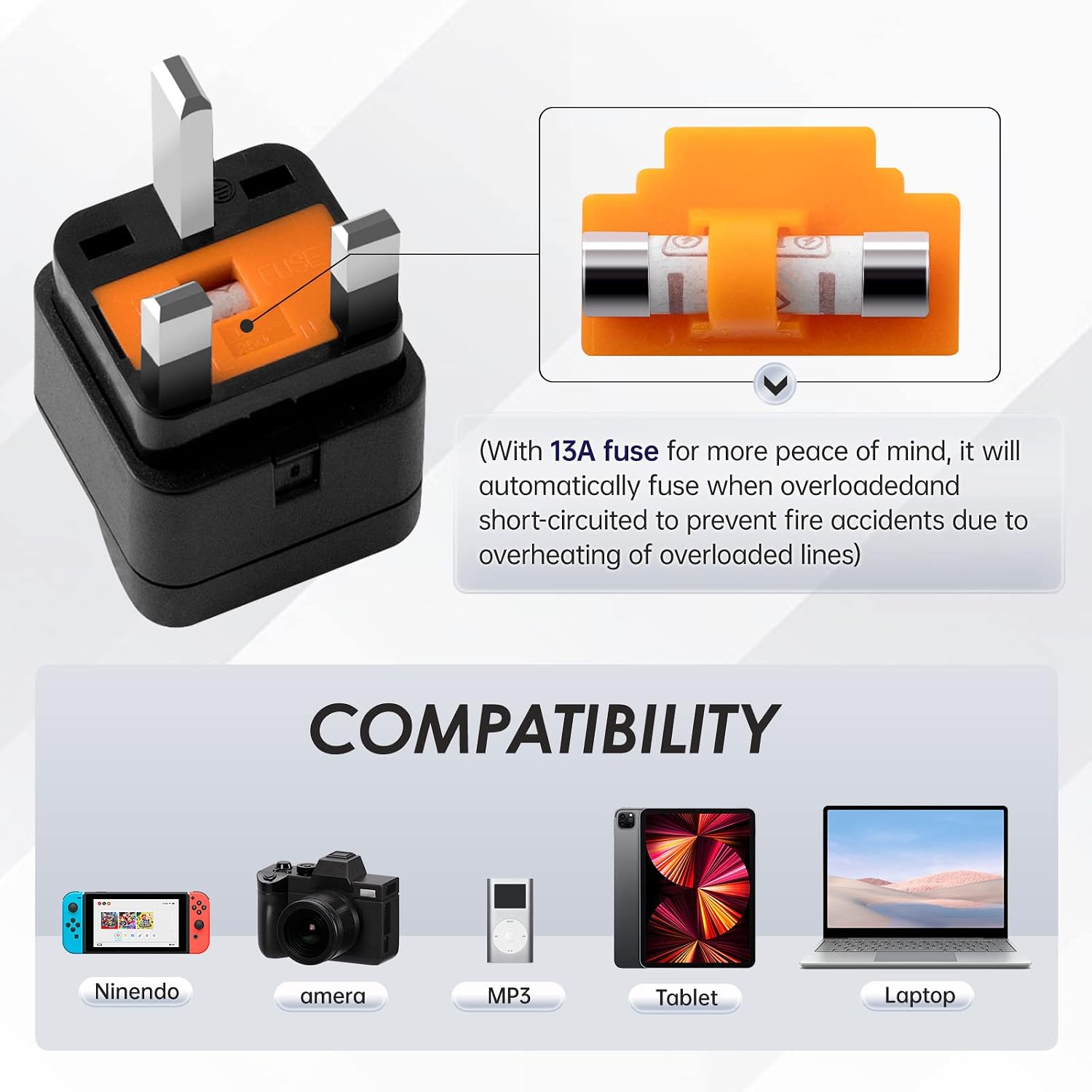 infino™ World to UK Travel Adapter (3-Pack, Black) - Universal 3-Prong Power Converter, Transforms US/JP/AU/EU/CN plugs to UK - Grounded, Safe & Compact for All Devices, Includes 13A Fuse + 2 Spares - الصورة 4
