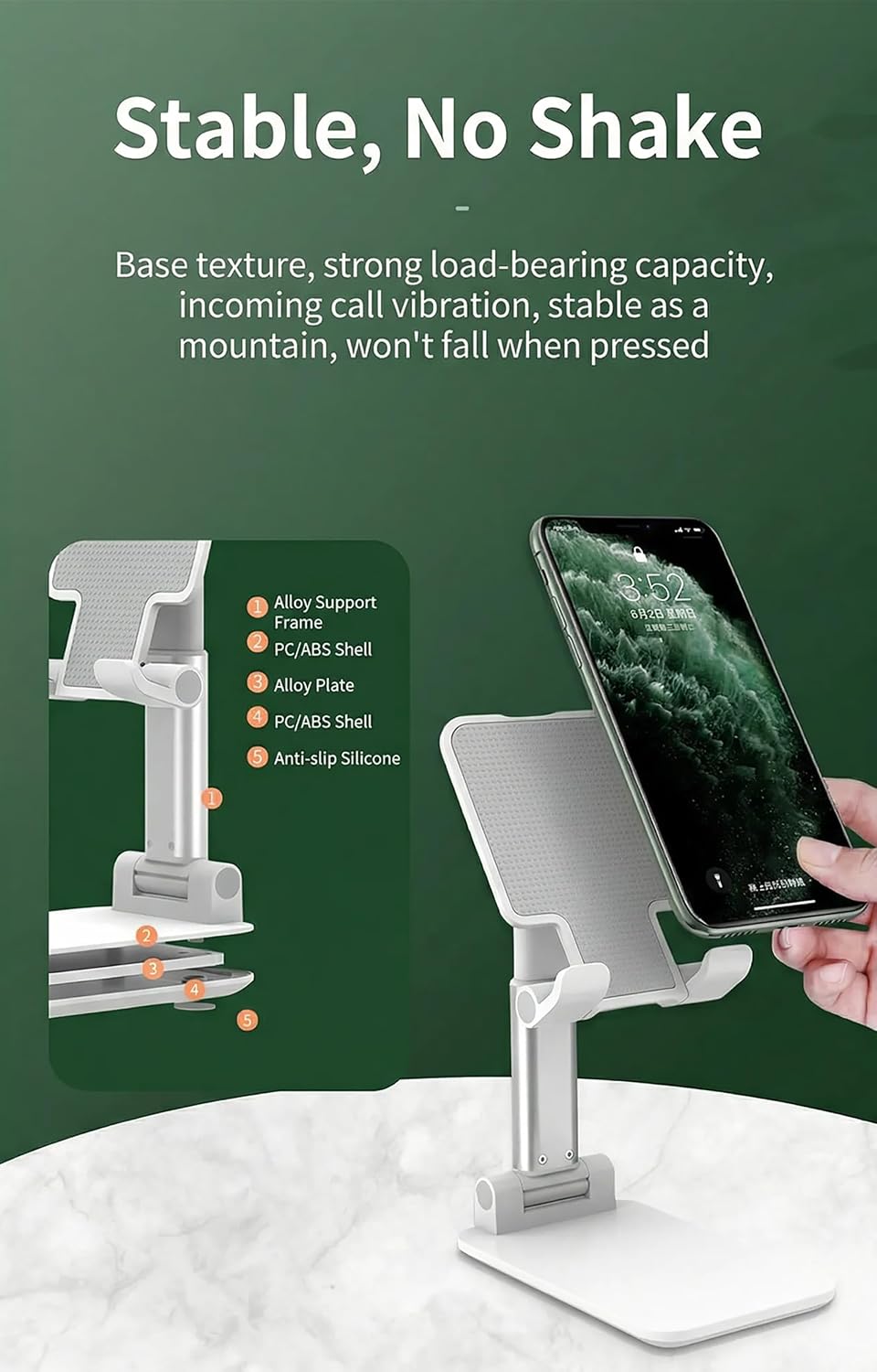 ToolHouse Foldable Cell Phone Stand – Adjustable Height & Angle, Anti-Slip Silicone Pad, Portable Phone Holder Compatible with All Mobile Phones (White) - الصورة 4