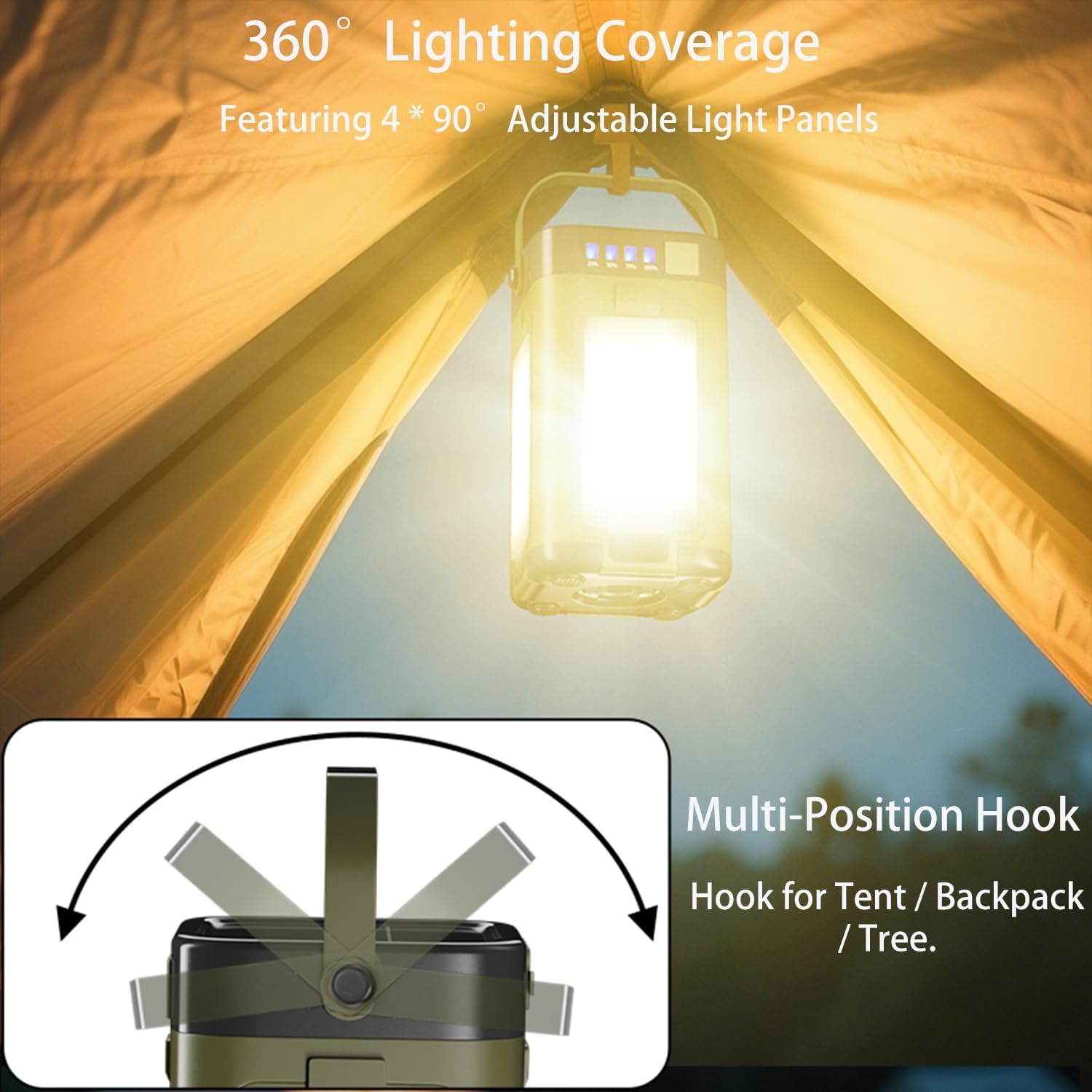 Rechargeable LED Camping Lantern, Portable Waterproof Camping Lamp with 2000mAh Large Capacity Battery, Solar-Powered Outdoor Light with 6 Lighting Modes or Hiking Gear Camping & Daily Use - الصورة 2