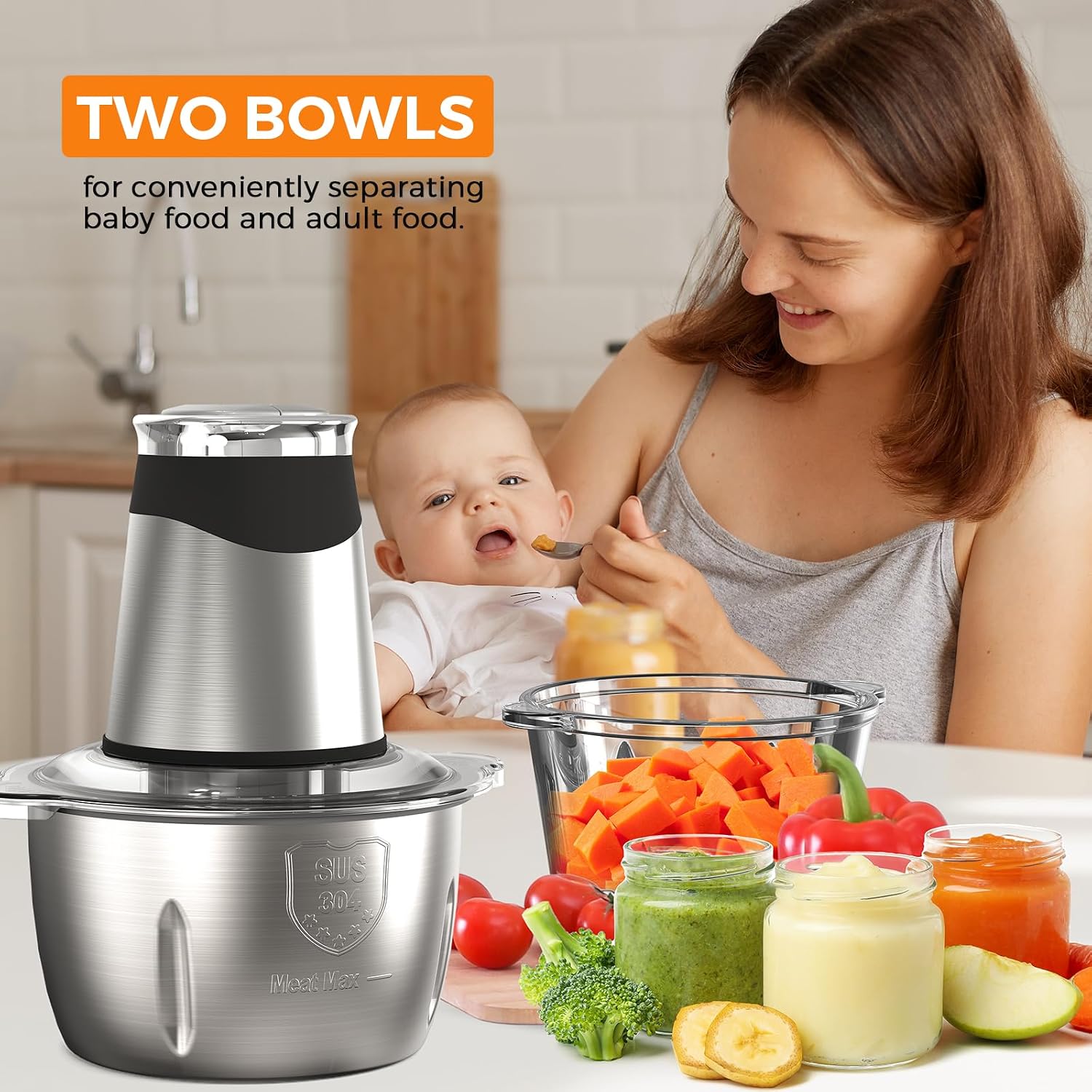 500W Electric Food Chopper, Dual 1.8L Bowls & Blades - الصورة 3