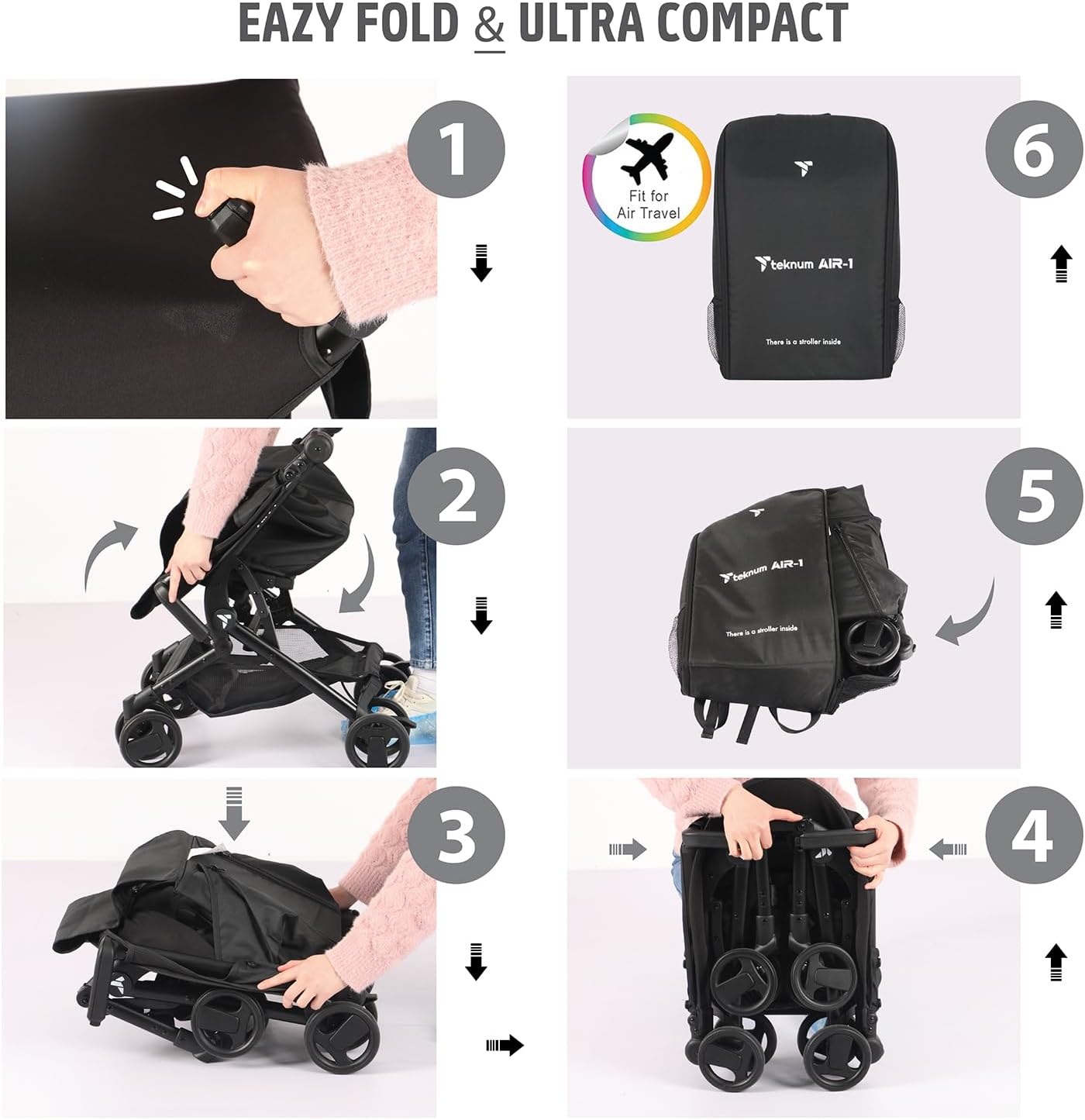 Teknum AIR-1 Travel Stroller, 0-3Years up to 22kg, Ultra Compact folding, Lightweight, Carry Bag, 5 point safety harness, Canopy, Wide Seat, Wheels, Multi Position Recline, Extendable Foot Rest, Black - الصورة 4