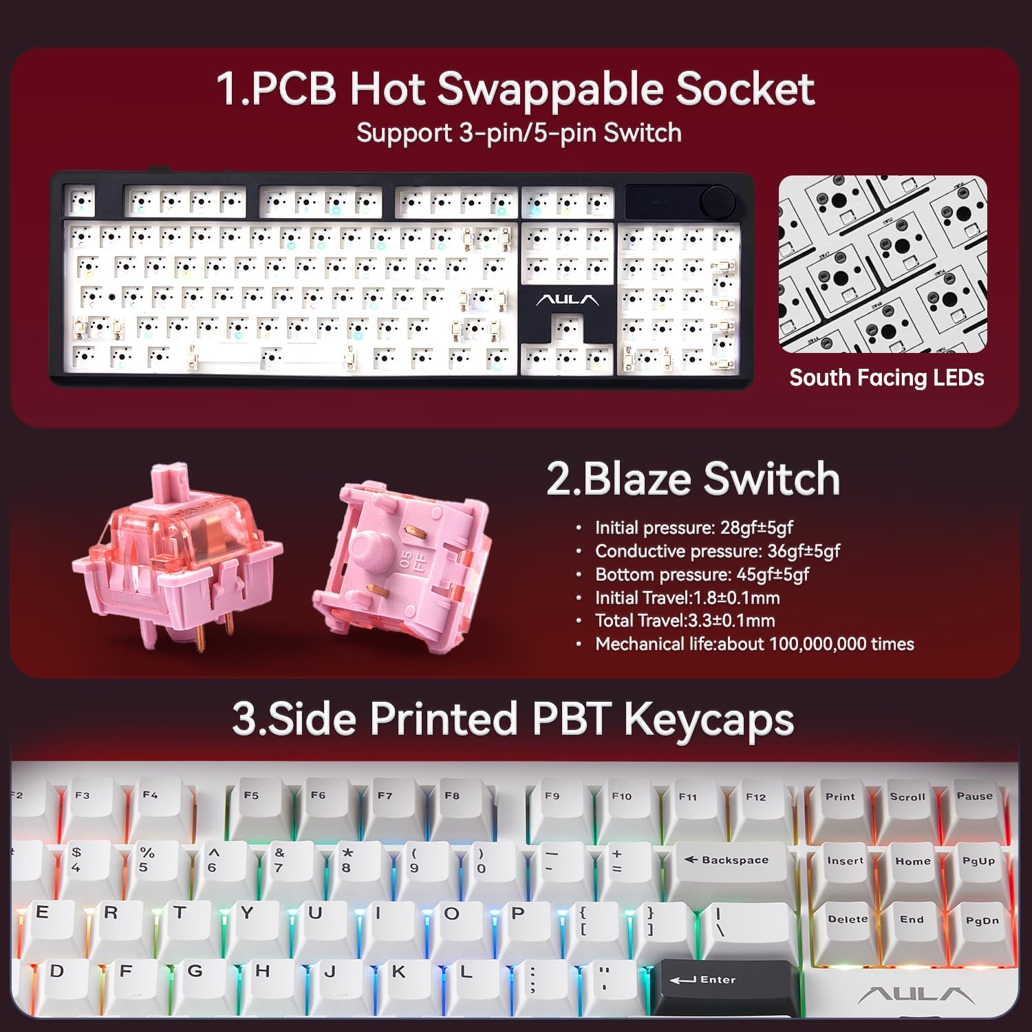 AULA F106PRO Wireless Keyboard, Full Size Mechanical Keyboard with Media Knob & Screen, 8000mAh Battery Hot Swappable Custom PBT keycaps Gaming Keyboard - Blaze Switch,Black White Grey - الصورة 7