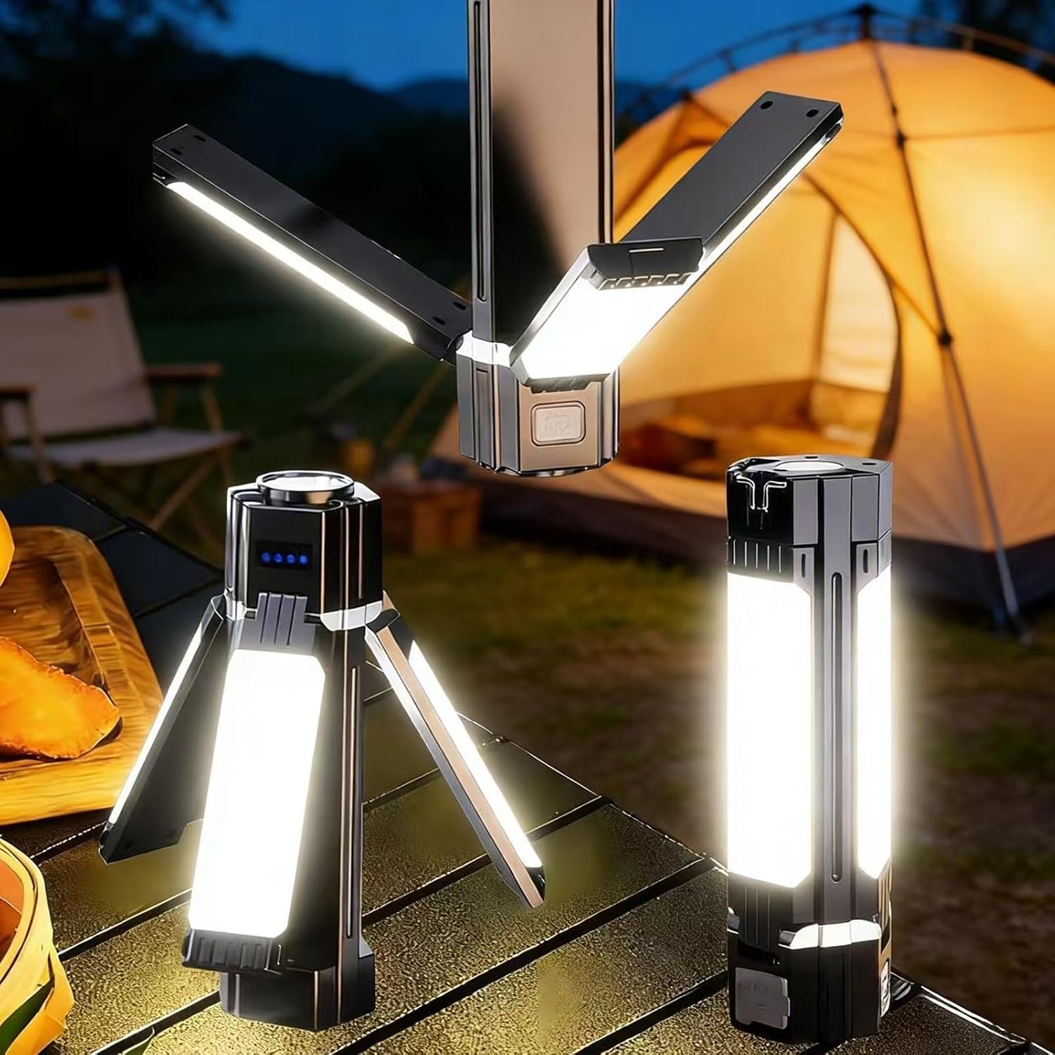LED Camping Lamps with 3 Foldable Heads 3000 mAh Camping Lantern,Torch LED Rechargeable,Work Light with Continuously Dimmable & 4 Light Modes,Foldable Tent Lamp for Camping,Hiking