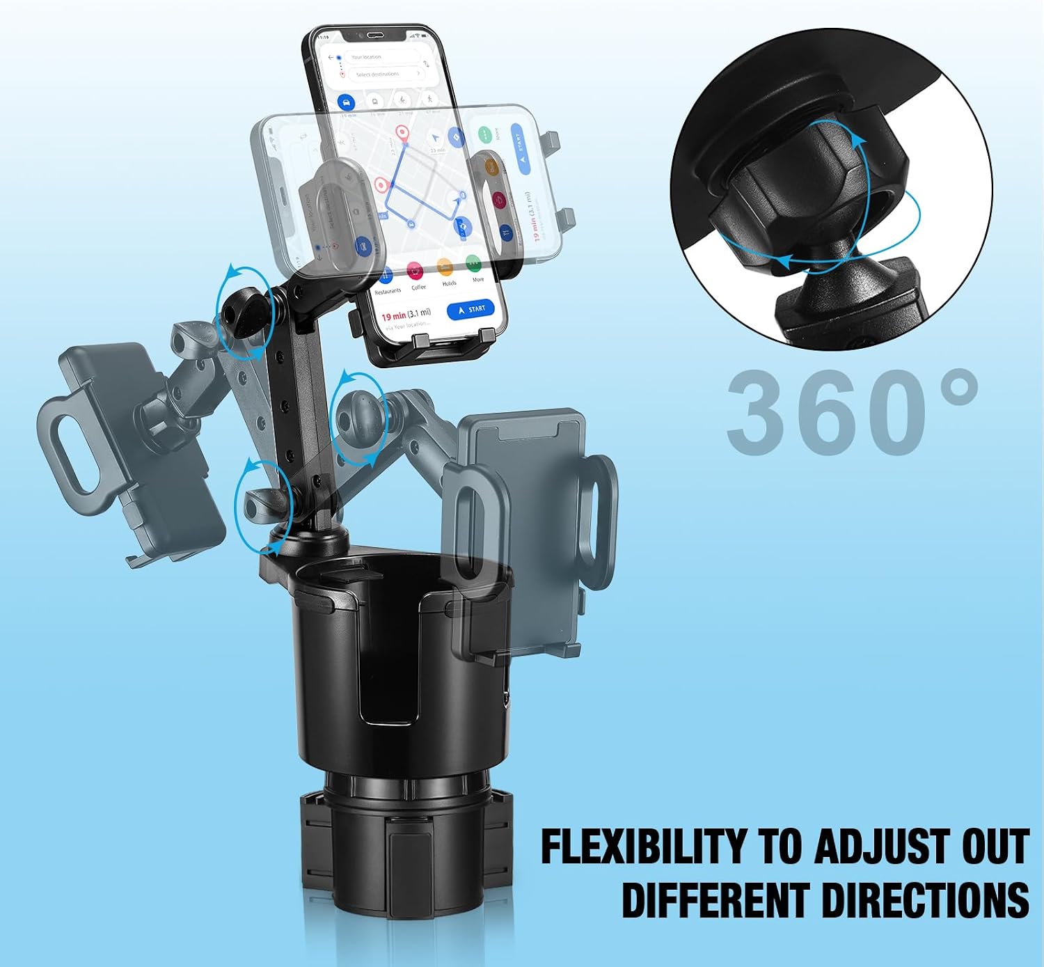 Cup Holder Phone Mount, 2 in 1 Cup Holder Expander for Car Long Arm with 360°Rotation Cup Holder Cell Phone Holder for Car Compatible with All Smartphones - الصورة 3