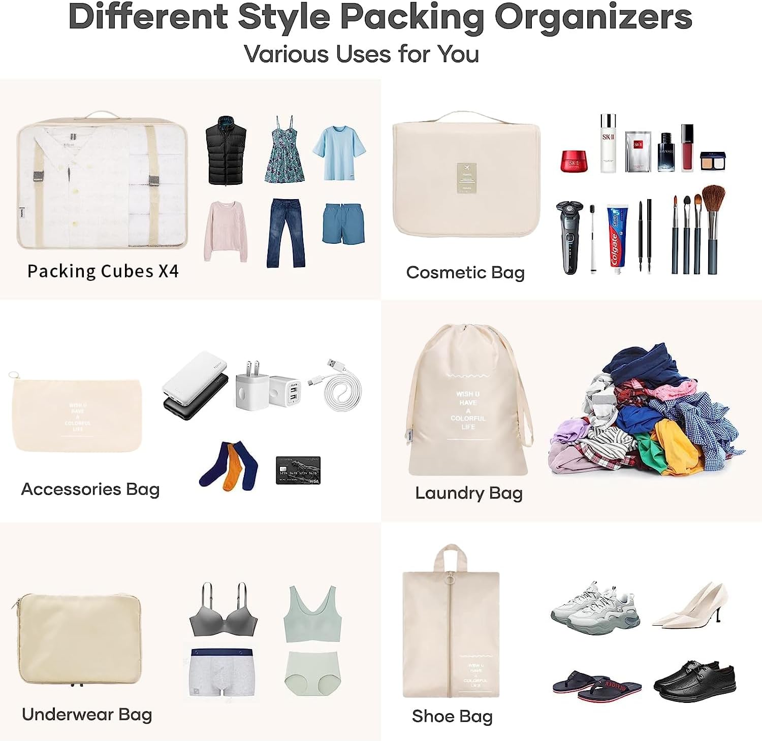 Yoawllty 8pcs Packing Cubes,Travel Organizer for Suitcases,Travel Essentials Bag Organizers for Carry on,Luggage Organizer Bags Set for Travel Accessories(Beige) - الصورة 4