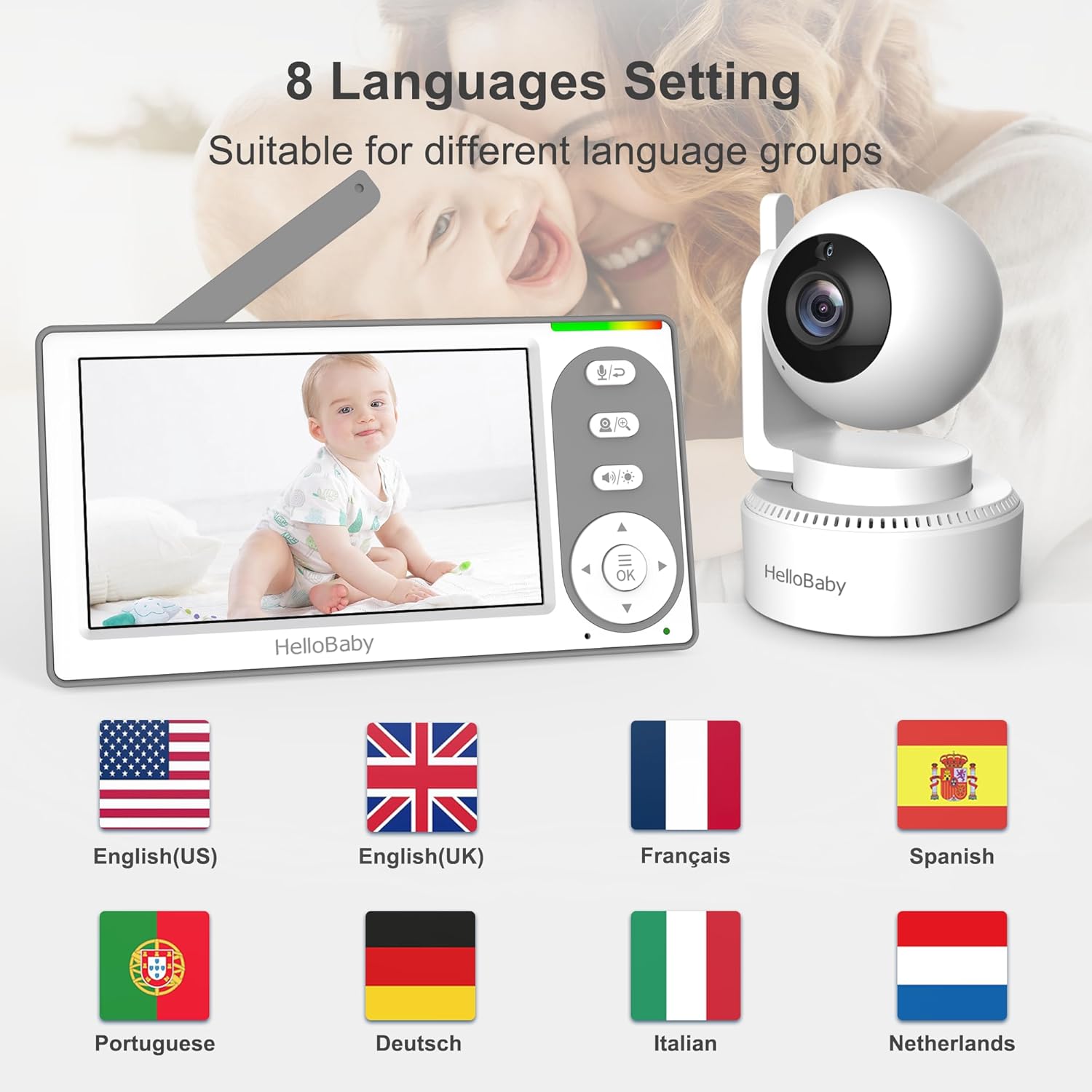 HelloBaby 4.3'' Video Baby Monitor with 30 Hours Battery, Remote Pan-Tilt-Zoom Baby Monitor No WiFi, Baby Monitor with Camera and Audio, Night Vision, ECO Mode, Two-way Talk, 8 Lullabies, 1000ft Range - الصورة 9