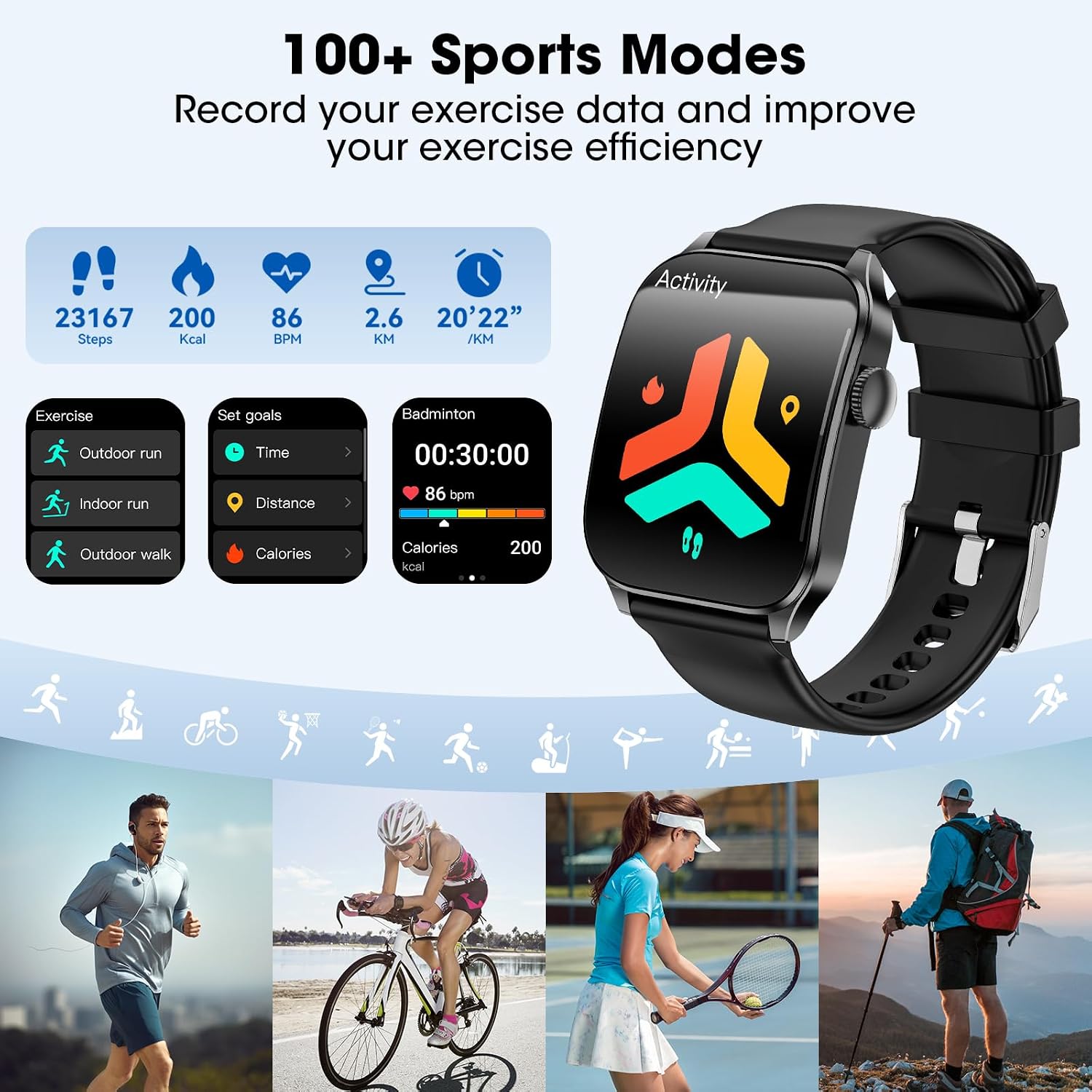 Smart Watch for Men Women Answer/Make Calls,1.91" HD Curved Screen Fitness Watch with Sleep/Heart Rate/SpO2/Stress Monitor,120+ Sport Modes,IP68 Waterproof Smartwatch for iPhone & Android(Black, 1.91) - الصورة 4