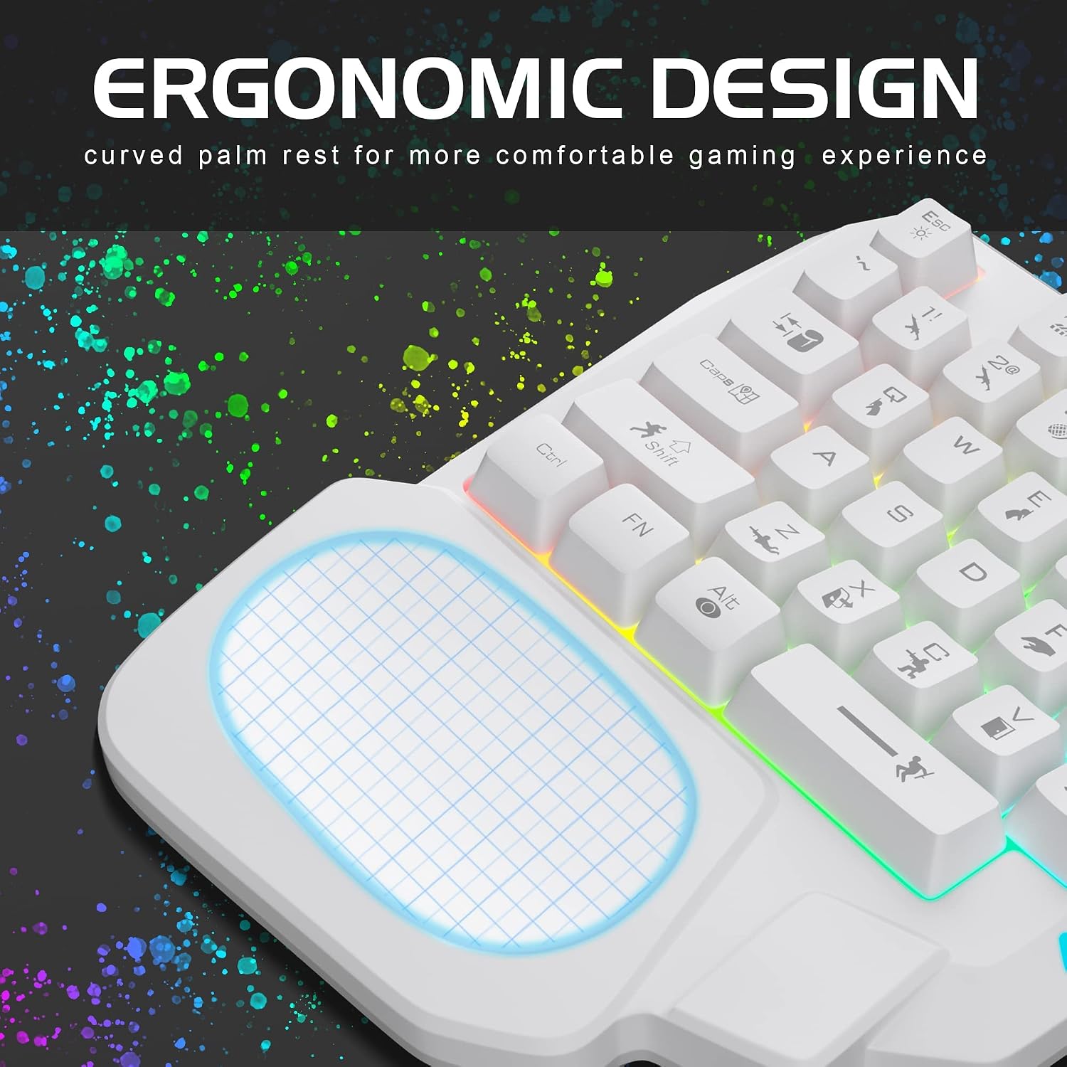 One Handed Gaming Keyboard, Small Gaming Keyboard with Ergonomic Palm Rest, Mini Gaming Keypad, 35 Keys One-hand Wired Gaming Keypad Membrane Keyboard with LED for Gamer (White) - الصورة 4