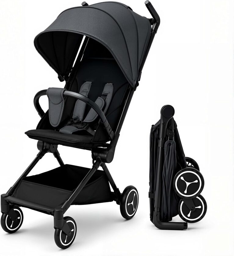 Cabin Size Travel Baby Stroller, 5.5kg Self-Standing Compact Fold Pushchair, Cushioned Seat & 5-Point Harness, Breathable Canopy with Ventilation Window, Storage Basket, Grey