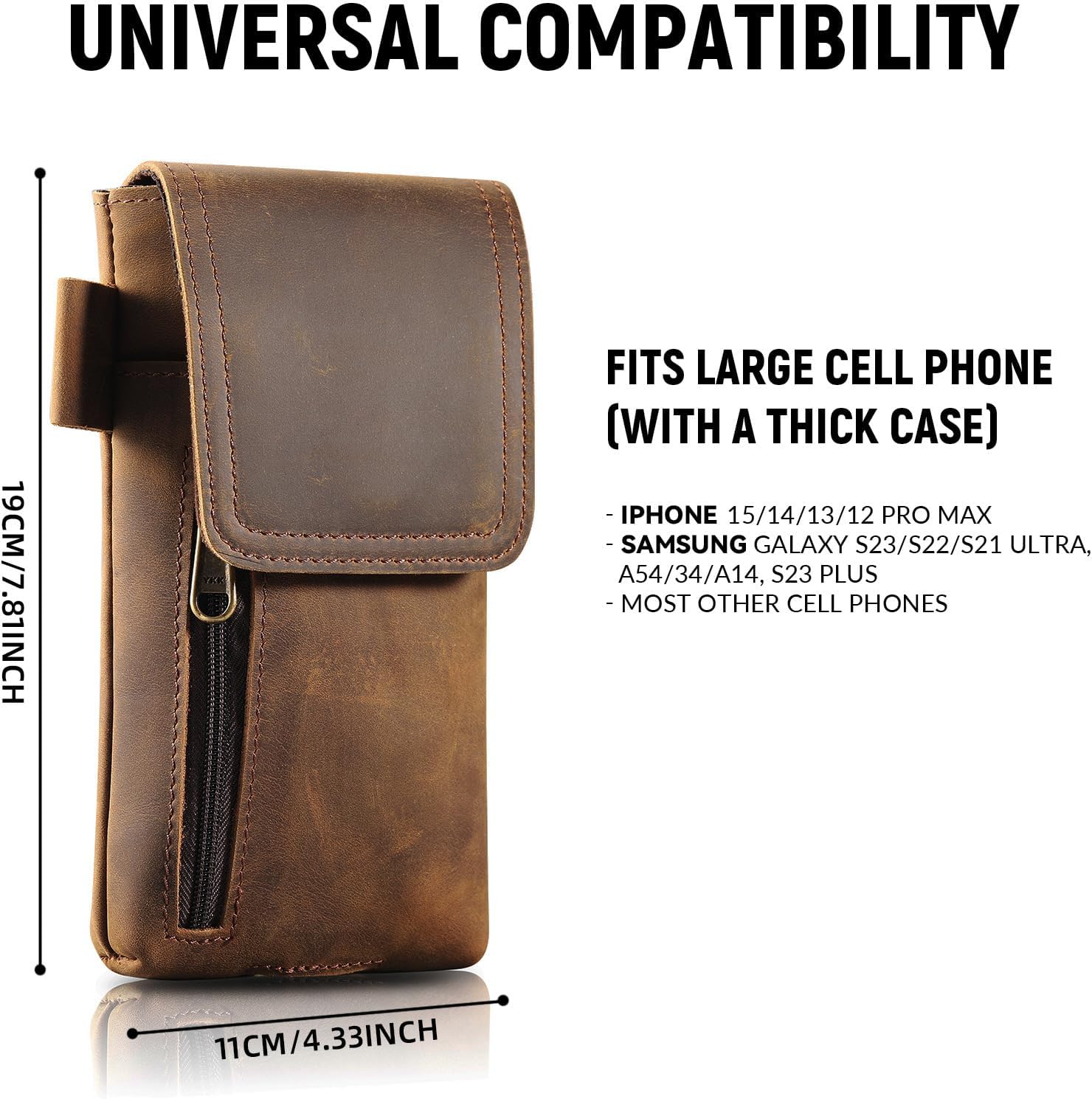 Genuine Leather Phone Holster Belt Pouch, 7.5“ x 4.5”, RFID Blocking Card Holder, Brown Universal Case for Smartphones - الصورة 2