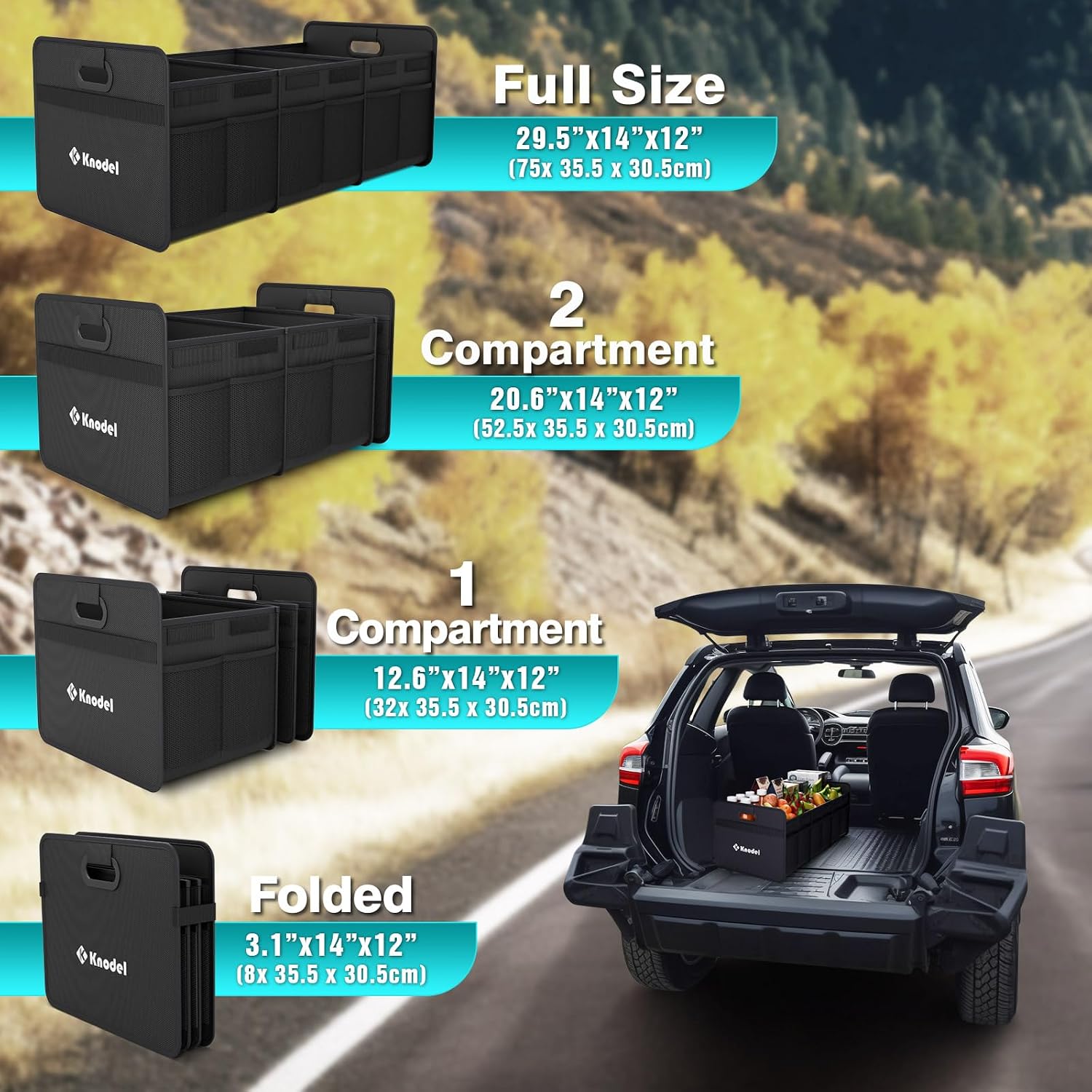 K KNODEL 3 Compartments Trunk Organizer for Car and Suv (Large, Black) - الصورة 6