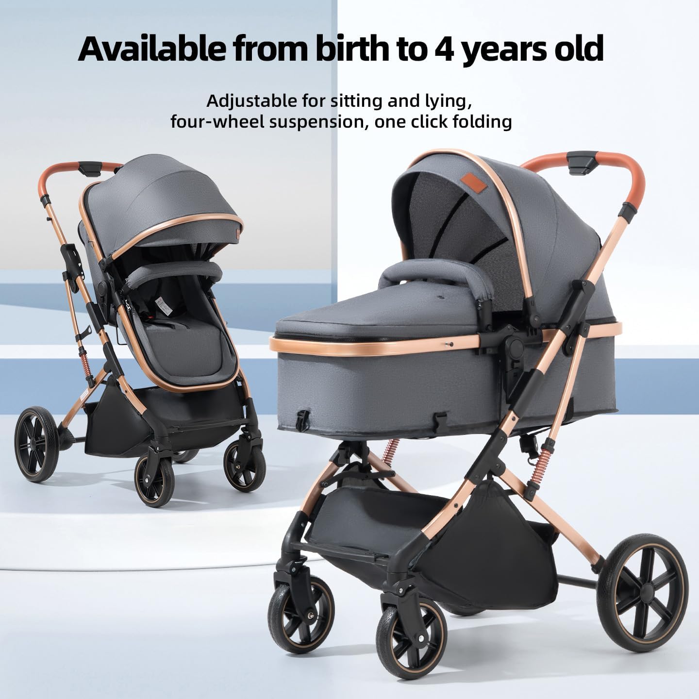 3 in 1 Stroller with Detachable Car Seat & Maternity Bed for Newborns, Foldable, Reversible Seat, Large Wheels with Shock Absorption System, Suitable from Birth to 4 Years (Gray) - الصورة 2