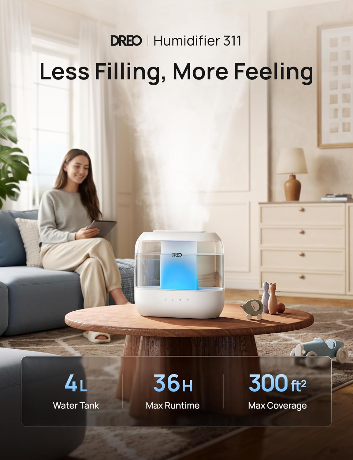 DREO Humidifier for Bedroom Baby, 4L Cool Mist Supersized Humidifiers for Home, 28 dB Quiet Air Humidifier for Room, Oil Diffuser, 36H Runtime, Night Light, Top-Fill, Easy to Clean & Fill, White - الصورة 2