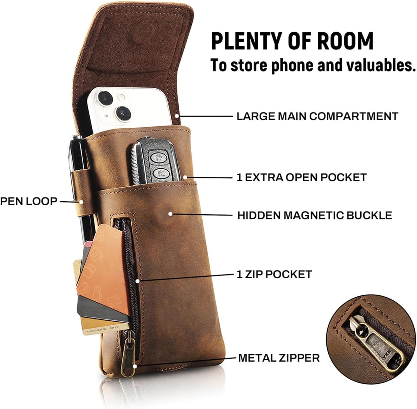 Genuine Leather Phone Holster Belt Pouch, 7.5“ x 4.5”, RFID Blocking Card Holder, Brown Universal Case for Smartphones - الصورة 6