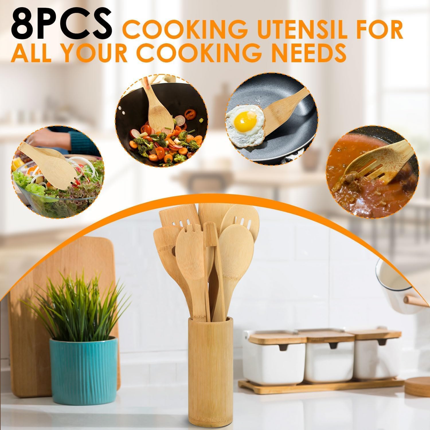 YelaJoy 8-Pack Natural Bamboo Cooking Utensils Set, Kitchen Utensils with Holder, Heat Resistant Durable Bamboo Kitchen Utensils, Cooking Tools for Home Daily Food Preparation - الصورة 6
