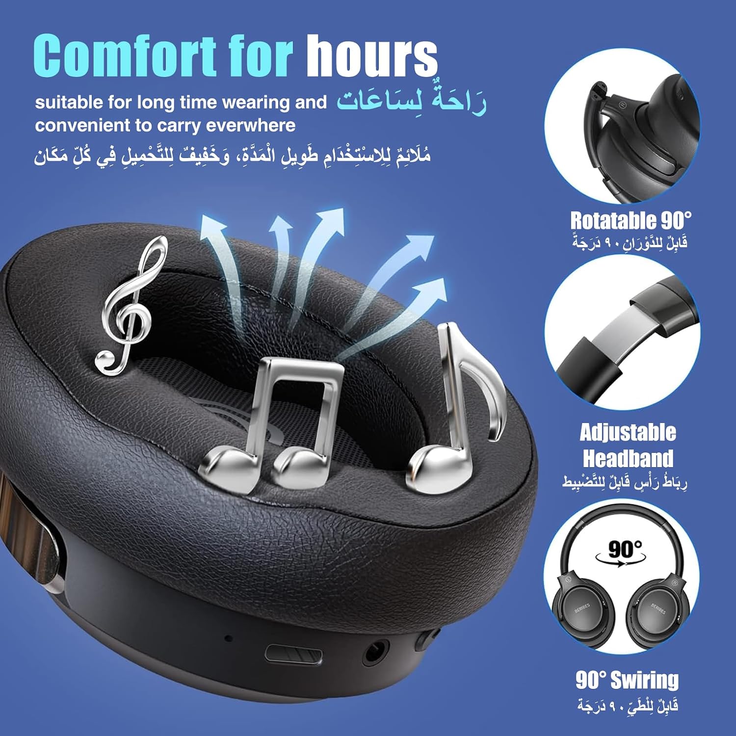 BERIBES Wireless Headphones Over Ear, 65H Playtime and 6 EQ Music Modes Bluetooth Headphones with Microphone, HiFi Stereo Foldable Lightweight Headset, Deep Bass for Home Office Cellphone PC Ect. - الصورة 4