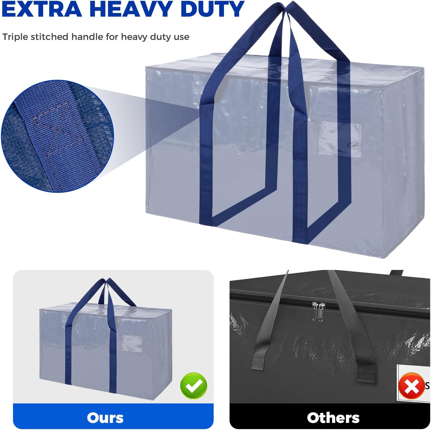 Moving Bags 93 L, 4-Pack Storage Bags with Zipper, Moving Bags Heavy Duty Extra Large, Moving Supplies, Blue Packing Bags, Foldable Duffle Bag for Travel College Dorm or Christmas Tree Bag - الصورة 3