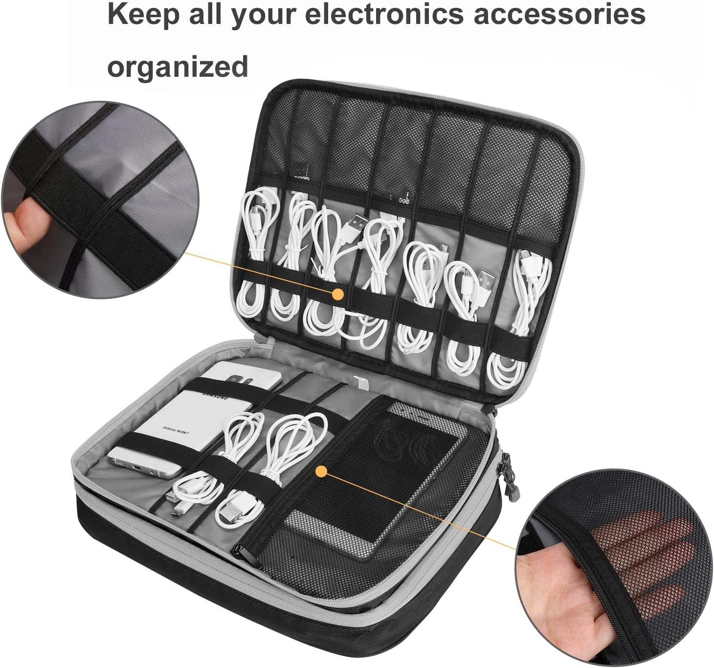 Double Layers Large Capacity Travel Electronic Accessories Organizer Bag, 2 Front Pockets Travel Gadget Carry Case, Perfect Size Fit for iPad,iPhone,Cables,Power Bank,Tablet(10.2’’)-Black - الصورة 3