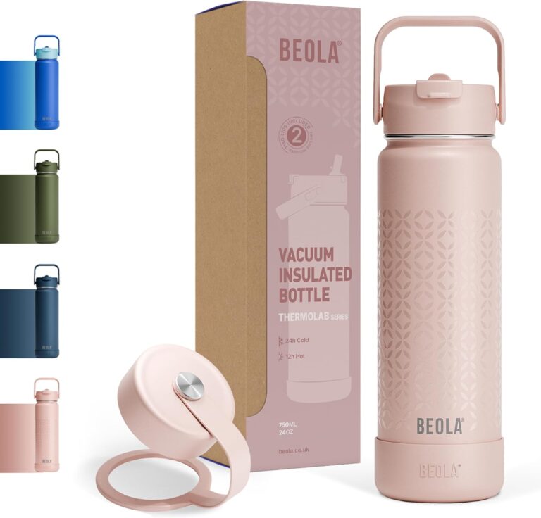 BEOLA 750ml Water Bottle 18/8 Stainless Steel 304 Double Wall Insulated thermo Bottle with Straw Lid and wide mouth, 2 lids included, Hot Cold Liquids Sports Bottle, 25oz (Blush Pink)