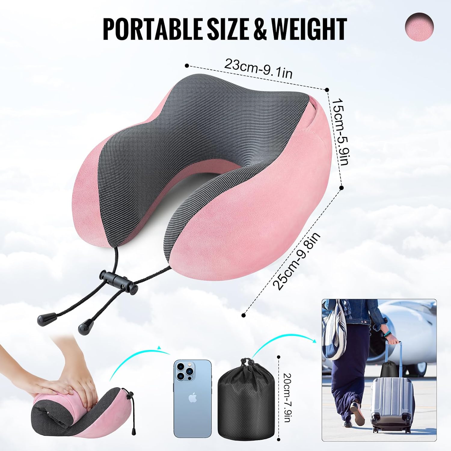 Cirorld Travel Pillow, Neck Pillow for Travel with Hood for Airplane, Velvet Memory Foam Neck Pillow Women Lady Head & Neck Support, for Long Flights Plane, Office, Cars Sleeping & Rest (Pink) - الصورة 5