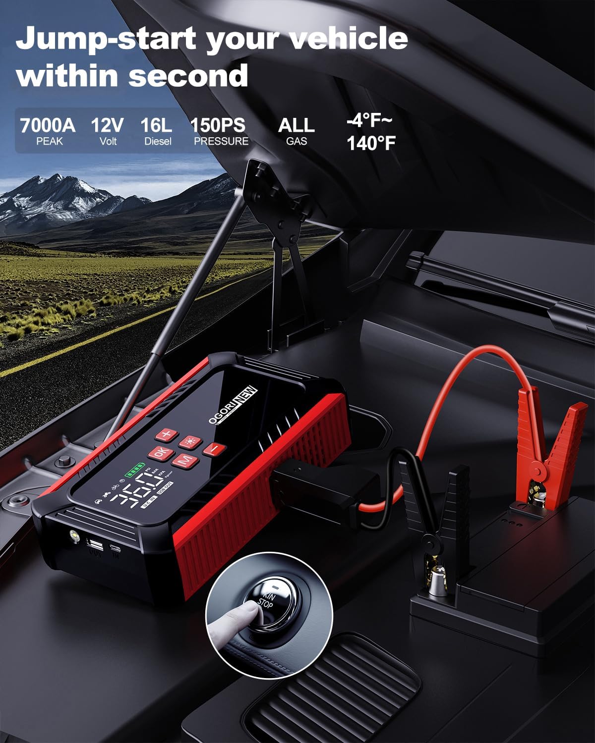 7000A Jump Starter with Air Compressor, 21800mAh Car Battery Jump Starter (All Gas/16.0L Diesel) with 150PSI Auto-Shutoff Tire Inflator, 12V Portable Jump Box with Booster, Jumper Cables - الصورة 2