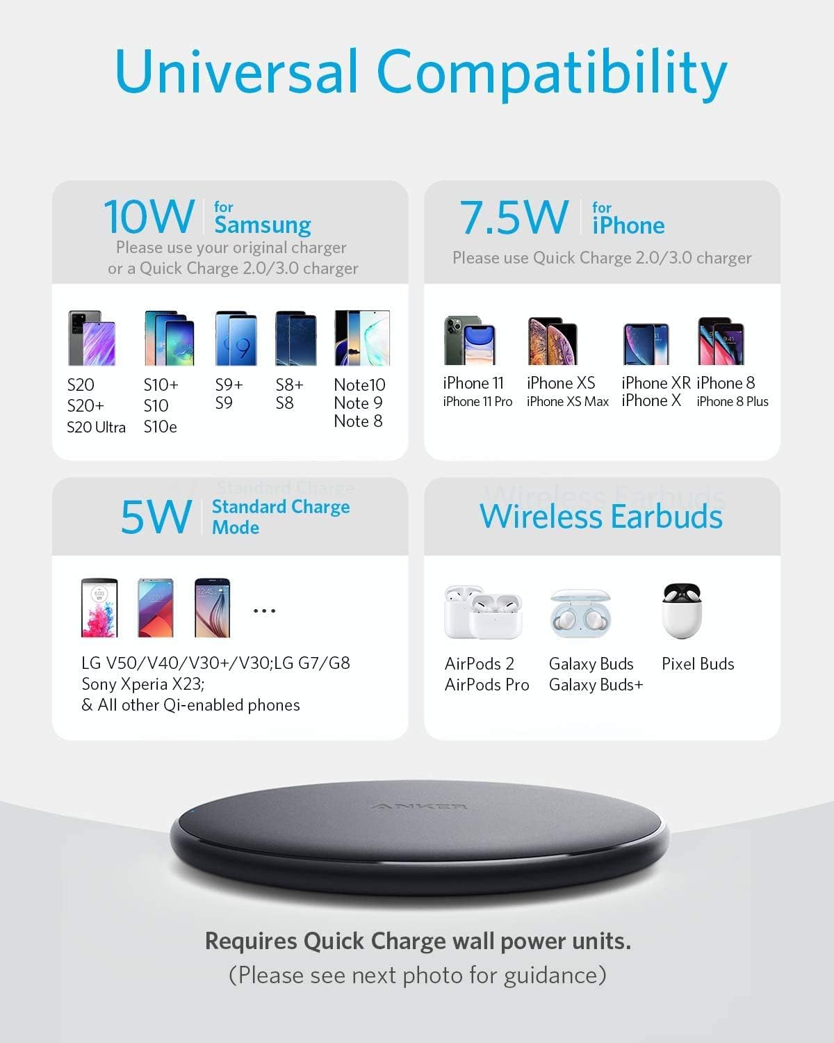 Anker Wireless Charger, PowerWave Pad for Samsung, Qi-Certified 10W Max for iPhone 16/15/14/13/SE, 2020/AirPods/Galaxy S20 (No AC Adapter, Not Compatible with MagSafe Magnetic Charging) - الصورة 2