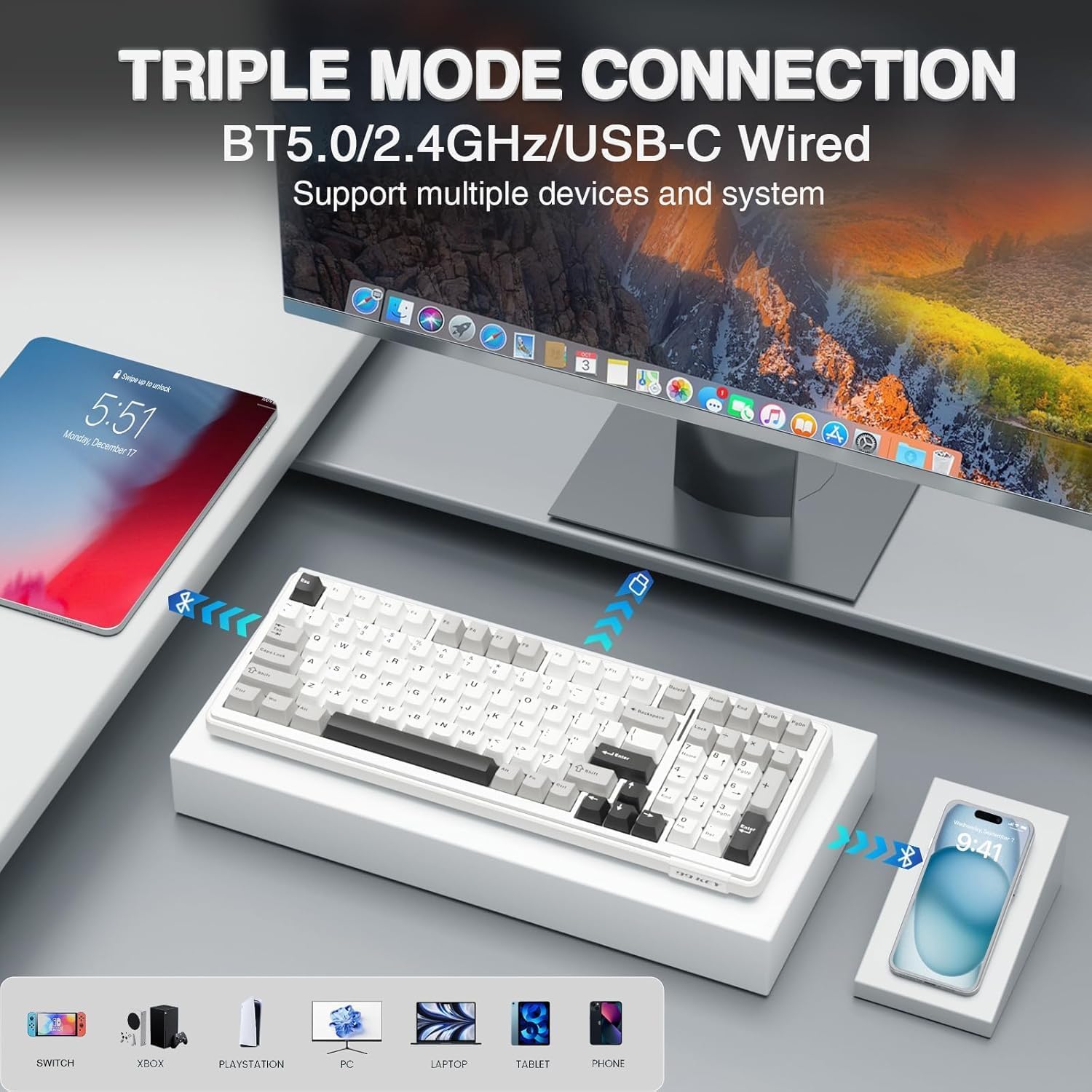 AULA F99 Wireless Mechanical Keyboard, Custom Computer Keyboard, Tri-Mode Bluetooth 5.0/2.4GHz/USB-C Cute Creamy Gaming Keyboards with Number Pad, RGB Backlit Media Knob Programmable Keybaord for PC - الصورة 3