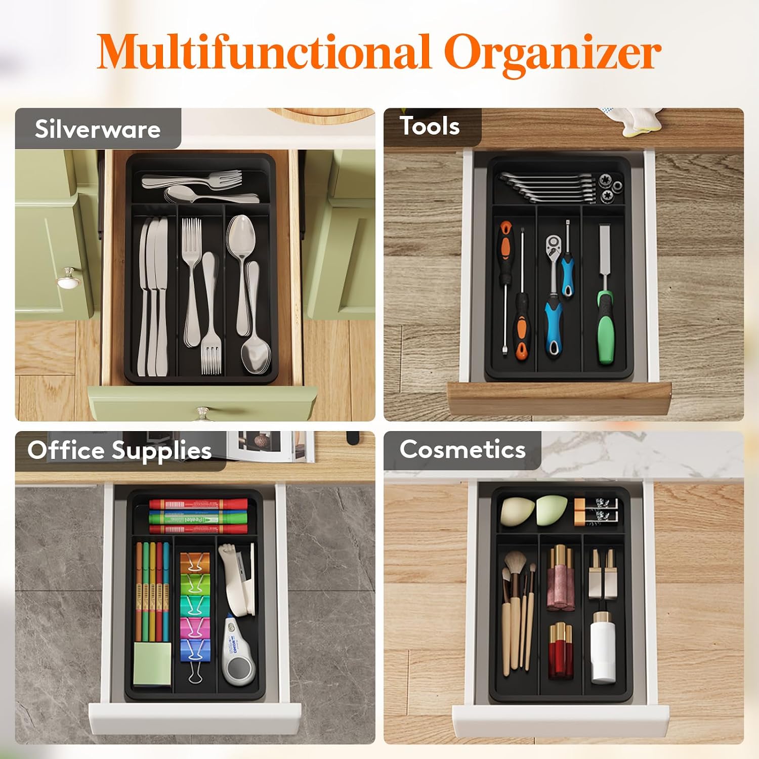 Lifewit Silverware Tray, Cutlery Drawer Organizer Storage for Kitchen, Plastic Flatware Utensil Holder Divider for Spoons Forks Knives Tableware, 4 Compartment, Black - الصورة 8
