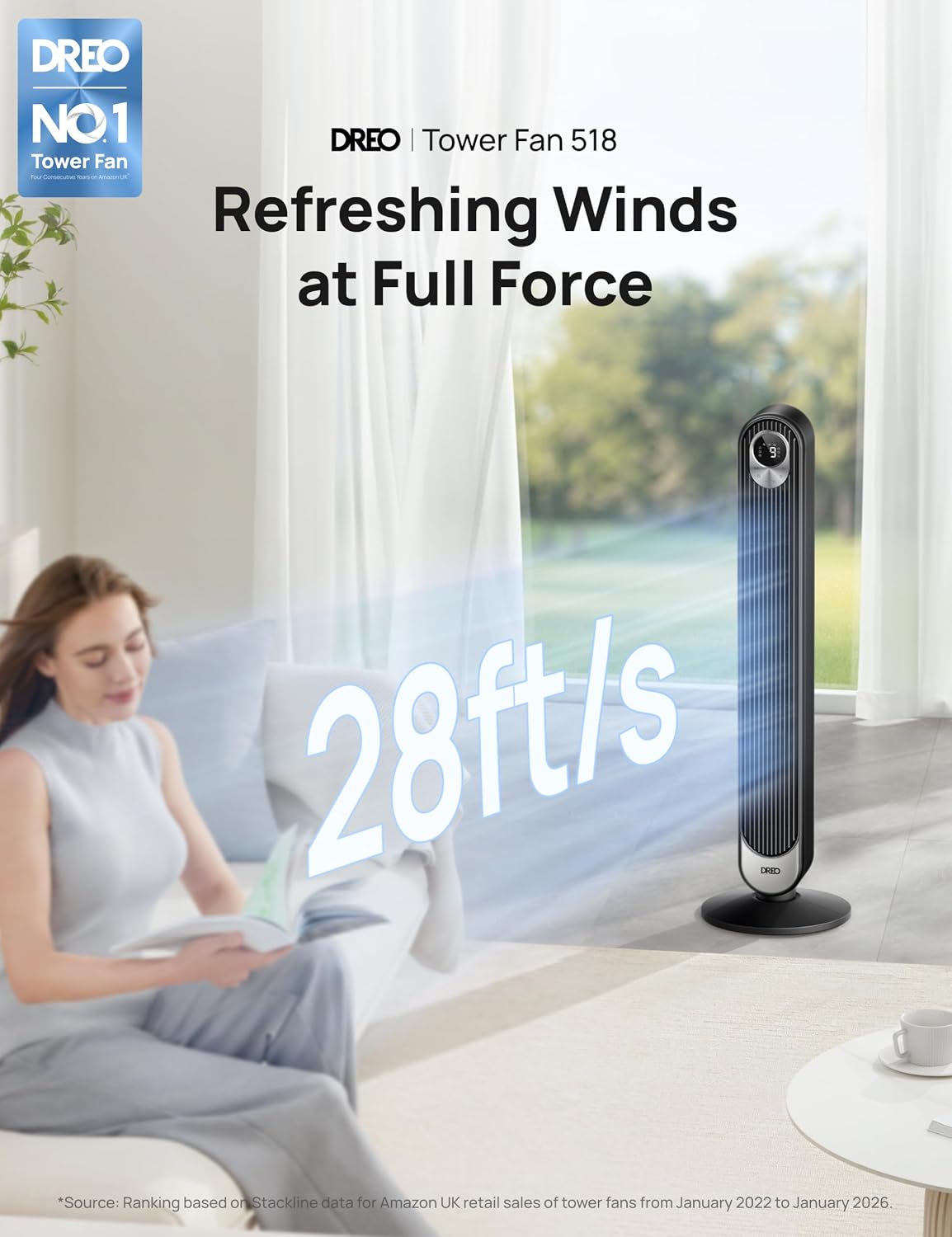 DREO 20dB Quiet 42 Inch Tower Fan, DC Power, 28ft/s Fast Cooling, 9 Speeds 4 Modes, 12H Timer Night Mode, LED Display & Remote, Standing Fan for Home Bedroom Office, Black - الصورة 2